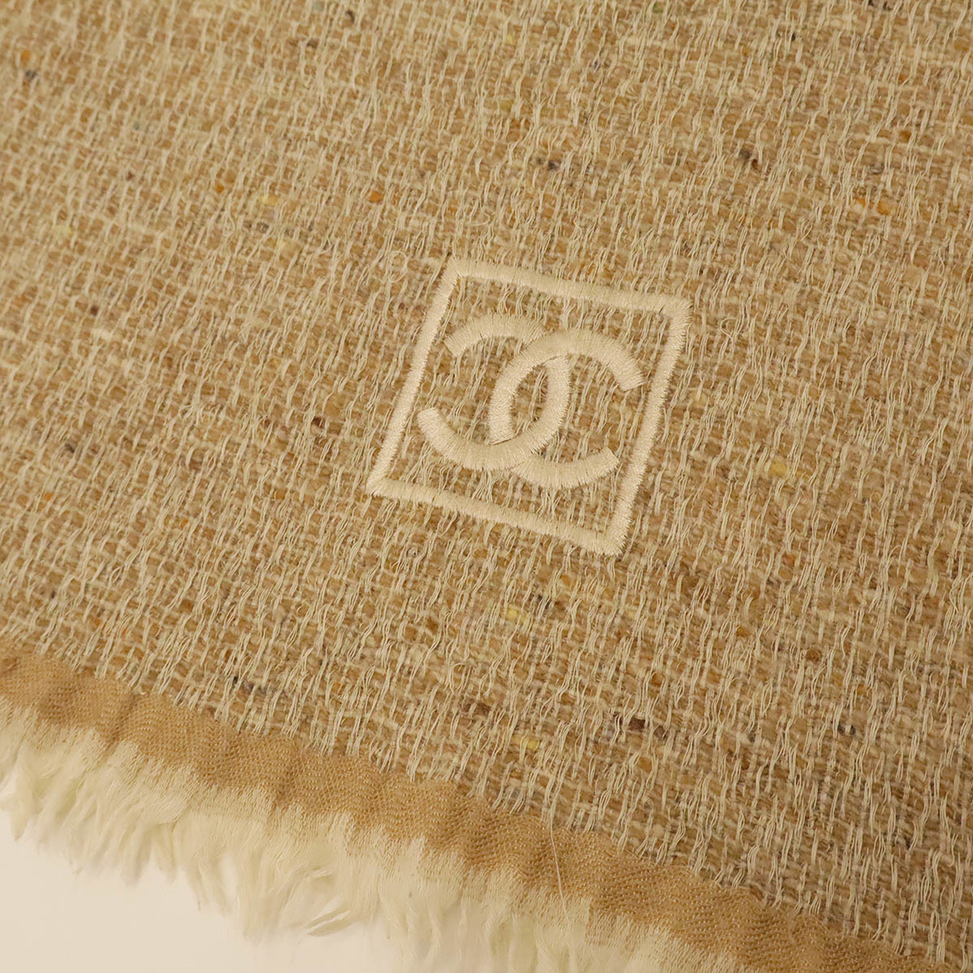 CHANEL Chanel Sport Coco Mark Scarf Shawl Stole 74% Wool 17% Cashmere 9% Silk Beige