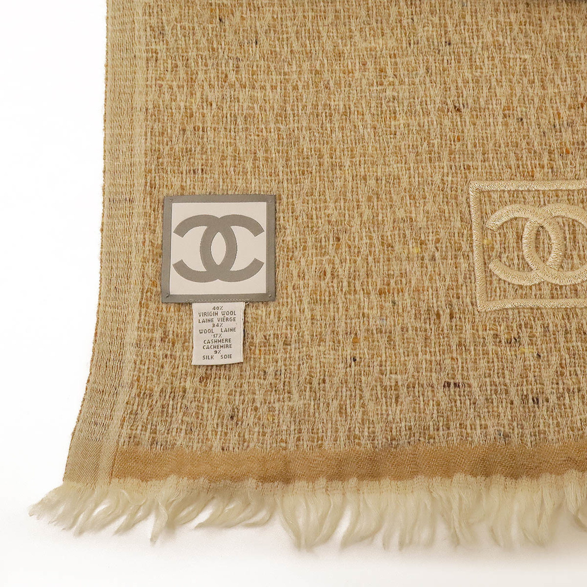 CHANEL Chanel Sport Coco Mark Scarf Shawl Stole 74% Wool 17% Cashmere 9% Silk Beige