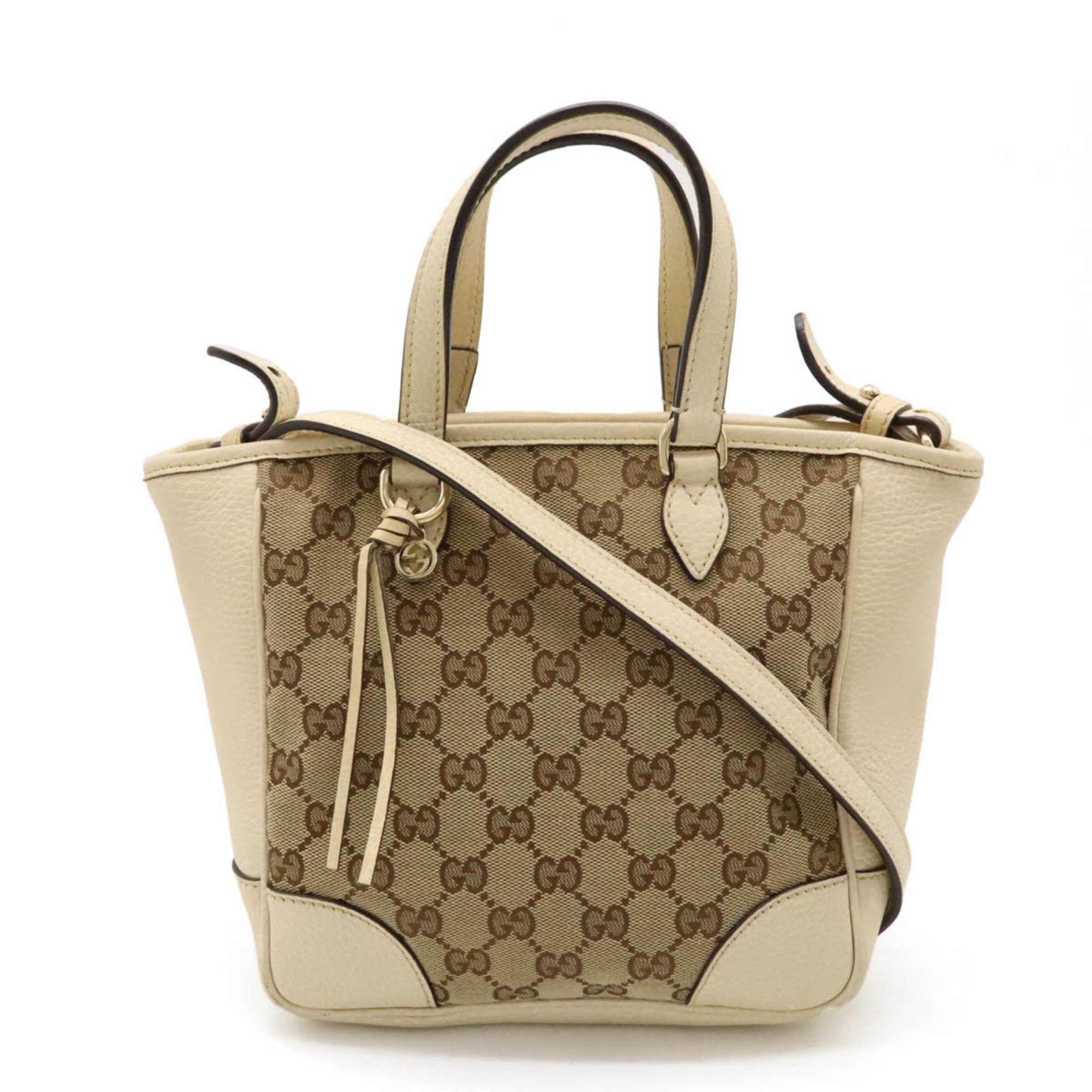 GUCCI GG Canvas Handbag Tote Shoulder Bag Leather Khaki Beige 449241