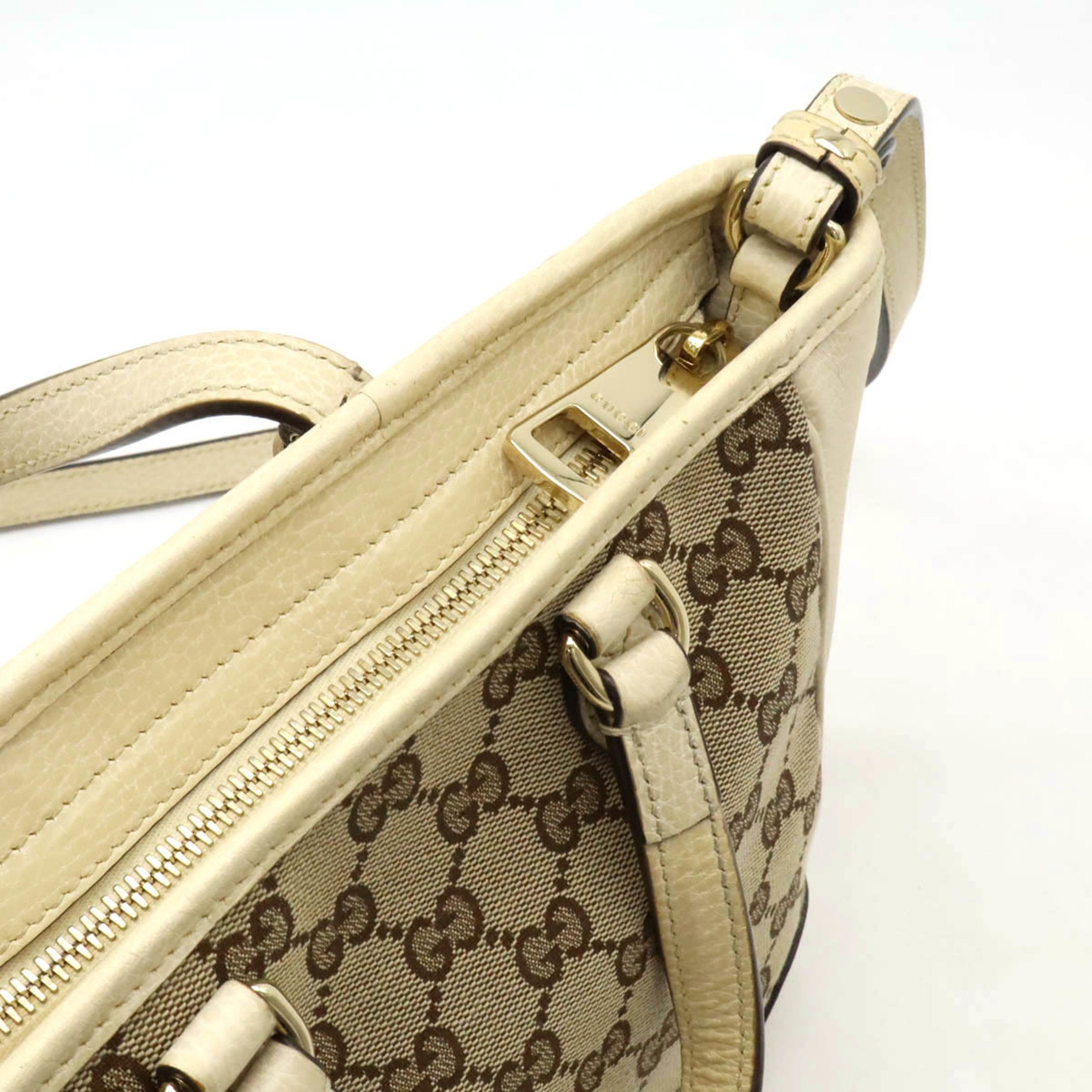 GUCCI GG Canvas Handbag Tote Shoulder Bag Leather Khaki Beige 449241