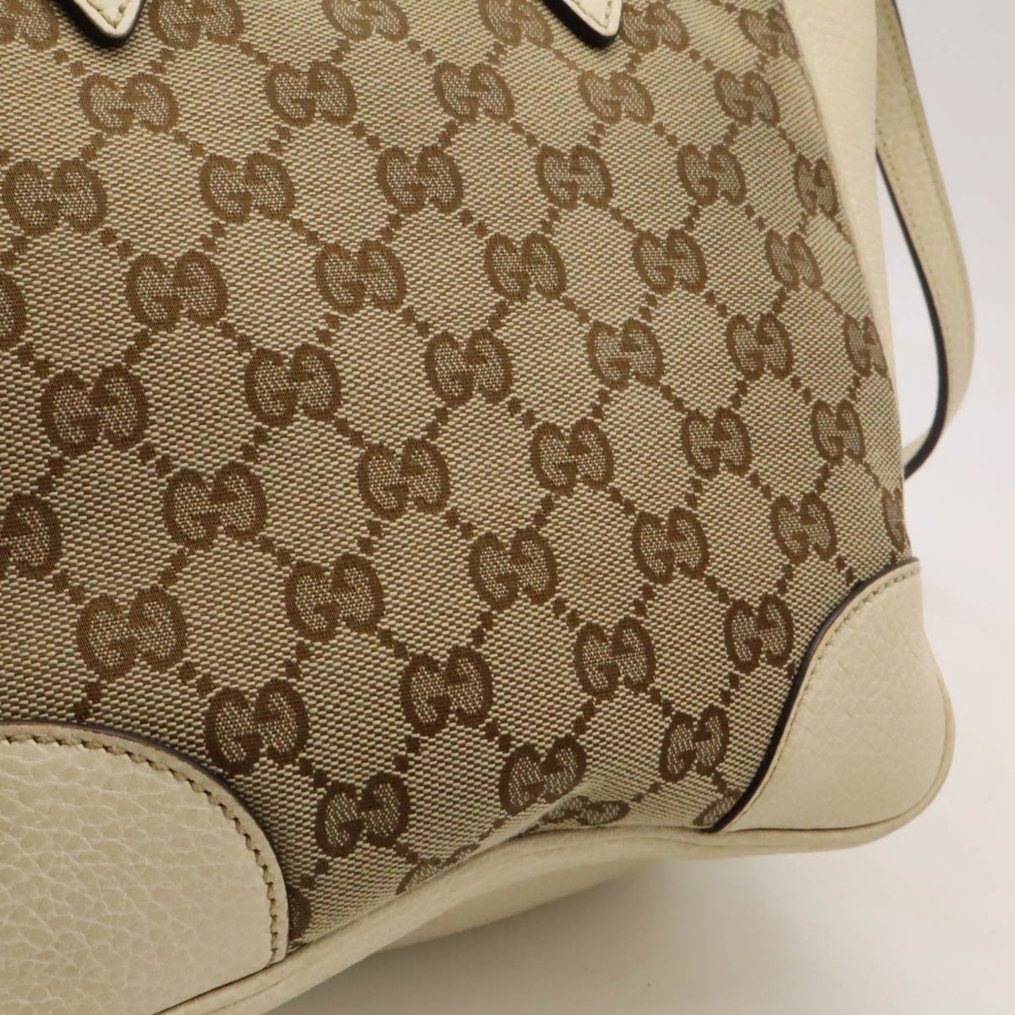 GUCCI GG Canvas Handbag Tote Shoulder Bag Leather Khaki Beige 449241