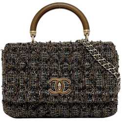 Chanel 2-way chain shoulder bag f-21148 brown grey matelasse tweed wood 26 series CHANEL handle wooden coco mark turn lock single flap compact