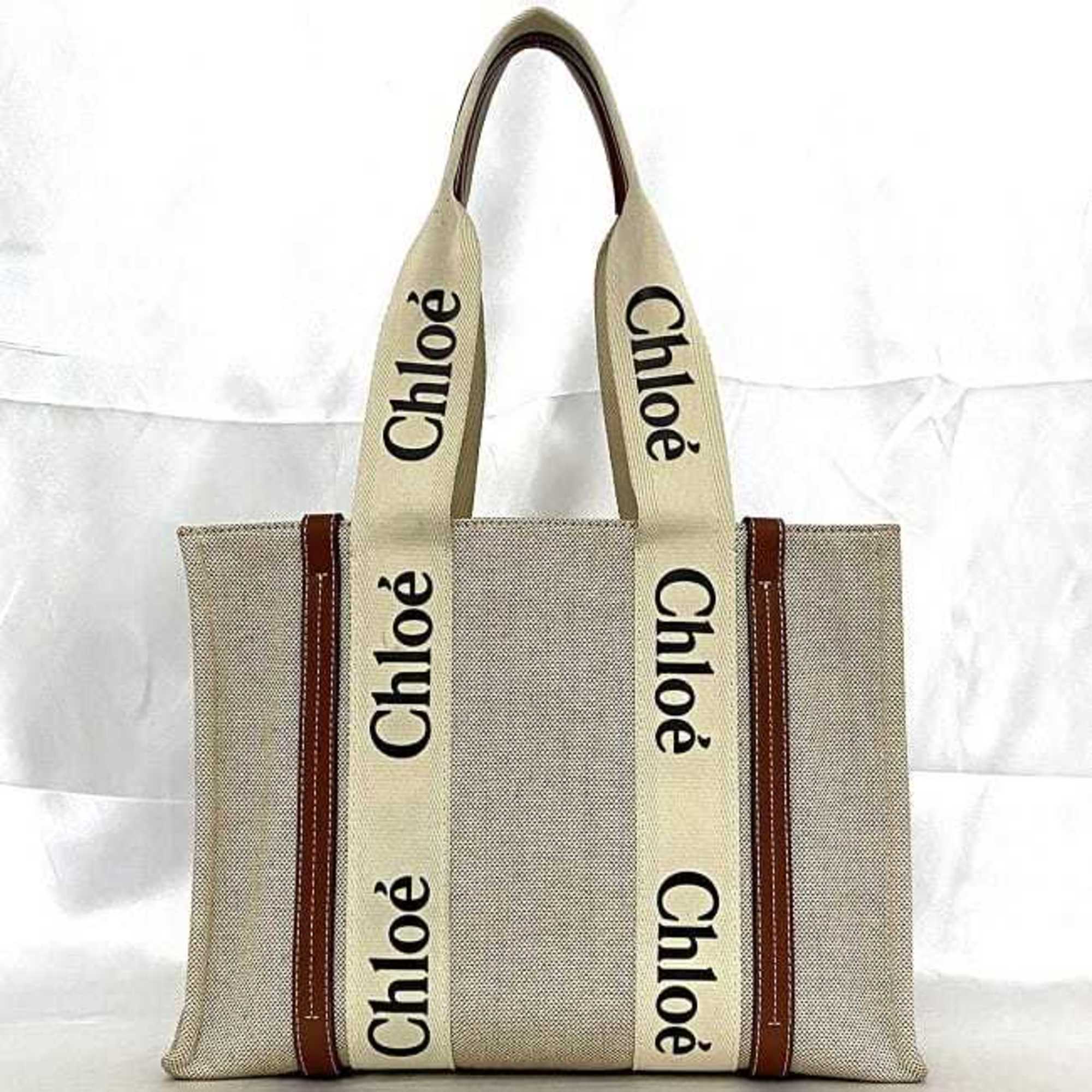 Chloé Chloe Tote Bag Medium f-21140 Beige White Brown CHC21US383E6690U Canvas Leather A4