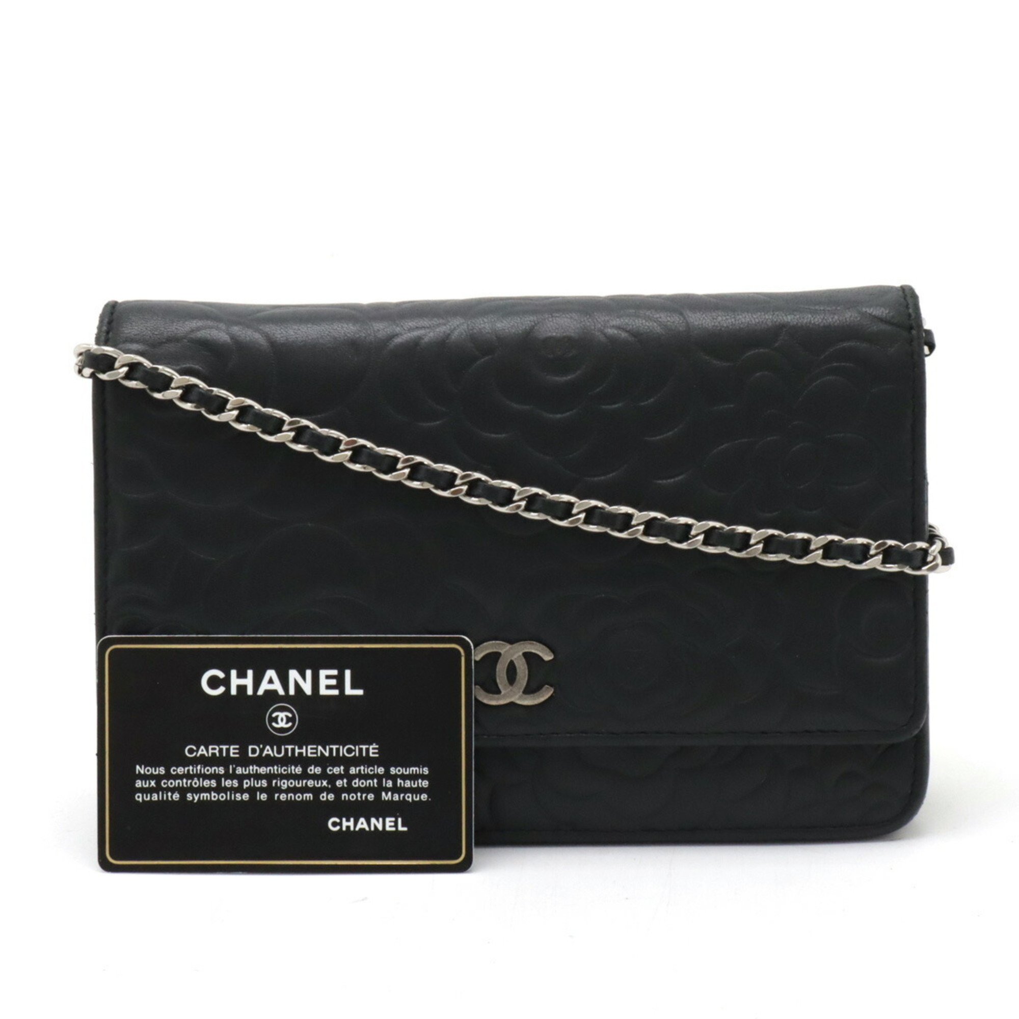 CHANEL Camellia Chain Wallet Shoulder Bag Pochette Lambskin Leather Black 7421