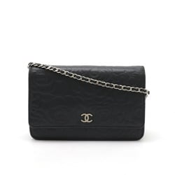 CHANEL Camellia Chain Wallet Shoulder Bag Pochette Lambskin Leather Black 7421