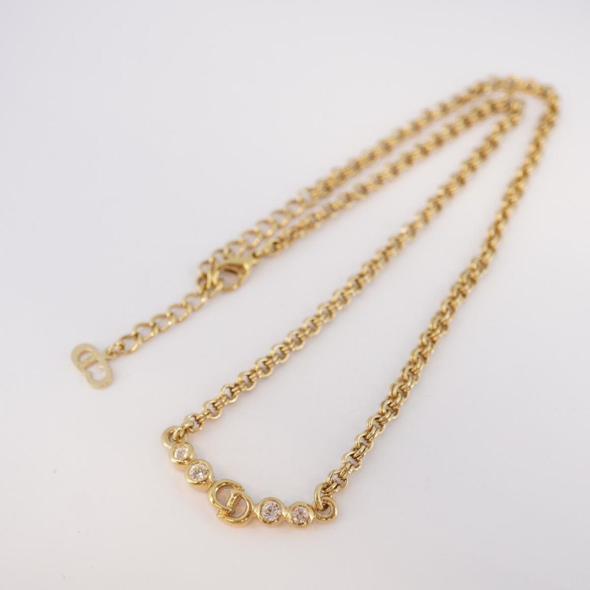 Christian Dior Necklace CD Rhinestone GP Plated Gold Women's