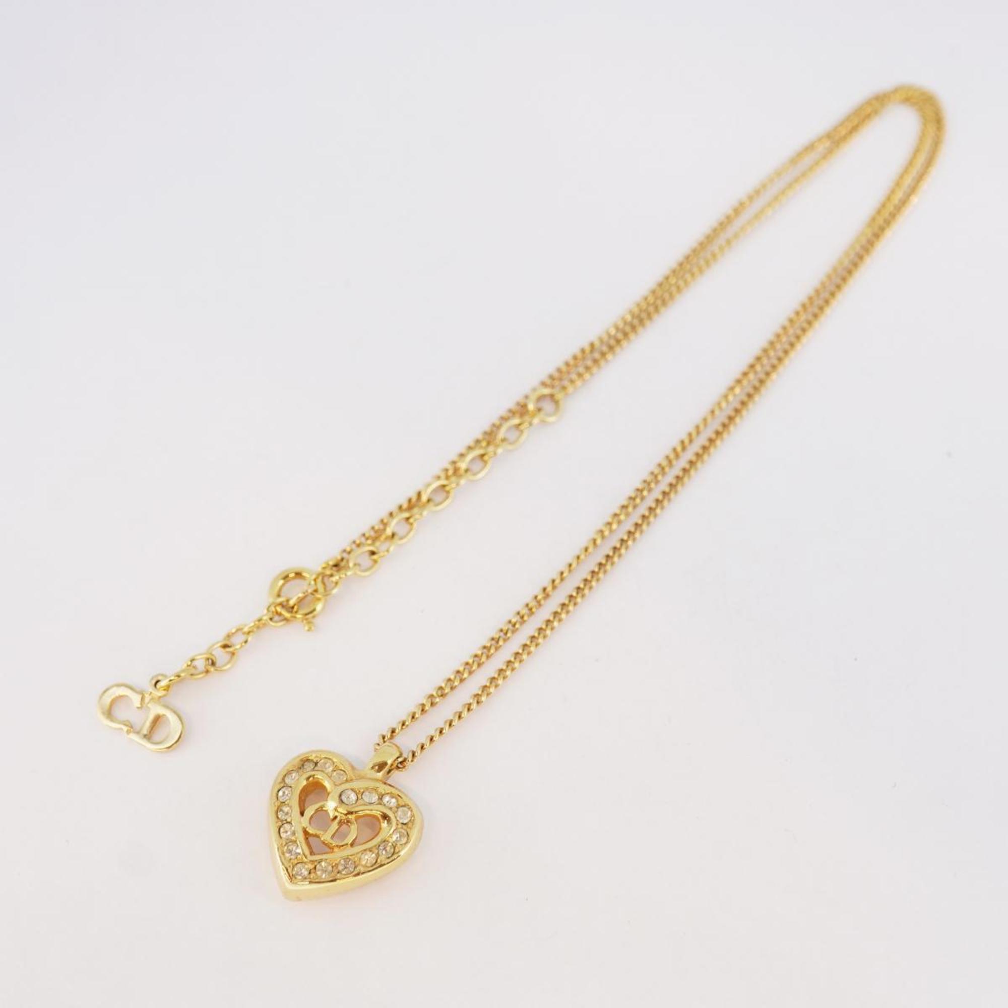 Christian Dior Necklace CD Heart Motif Rhinestone GP Plated Gold Women's