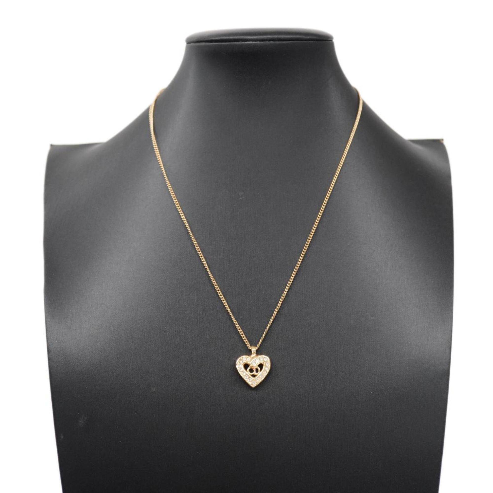 Christian Dior Necklace CD Heart Motif Rhinestone GP Plated Gold Women's