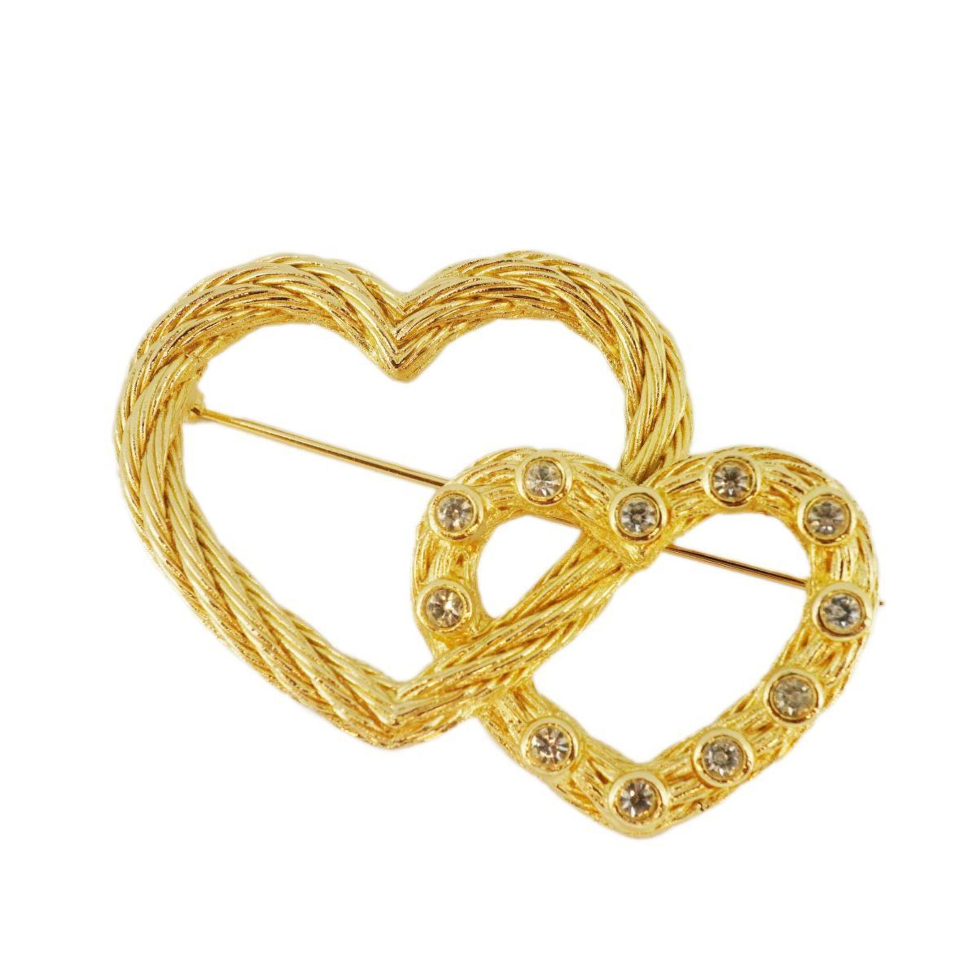 Christian Dior Brooch Heart Motif Rhinestone GP Plated Gold Women's