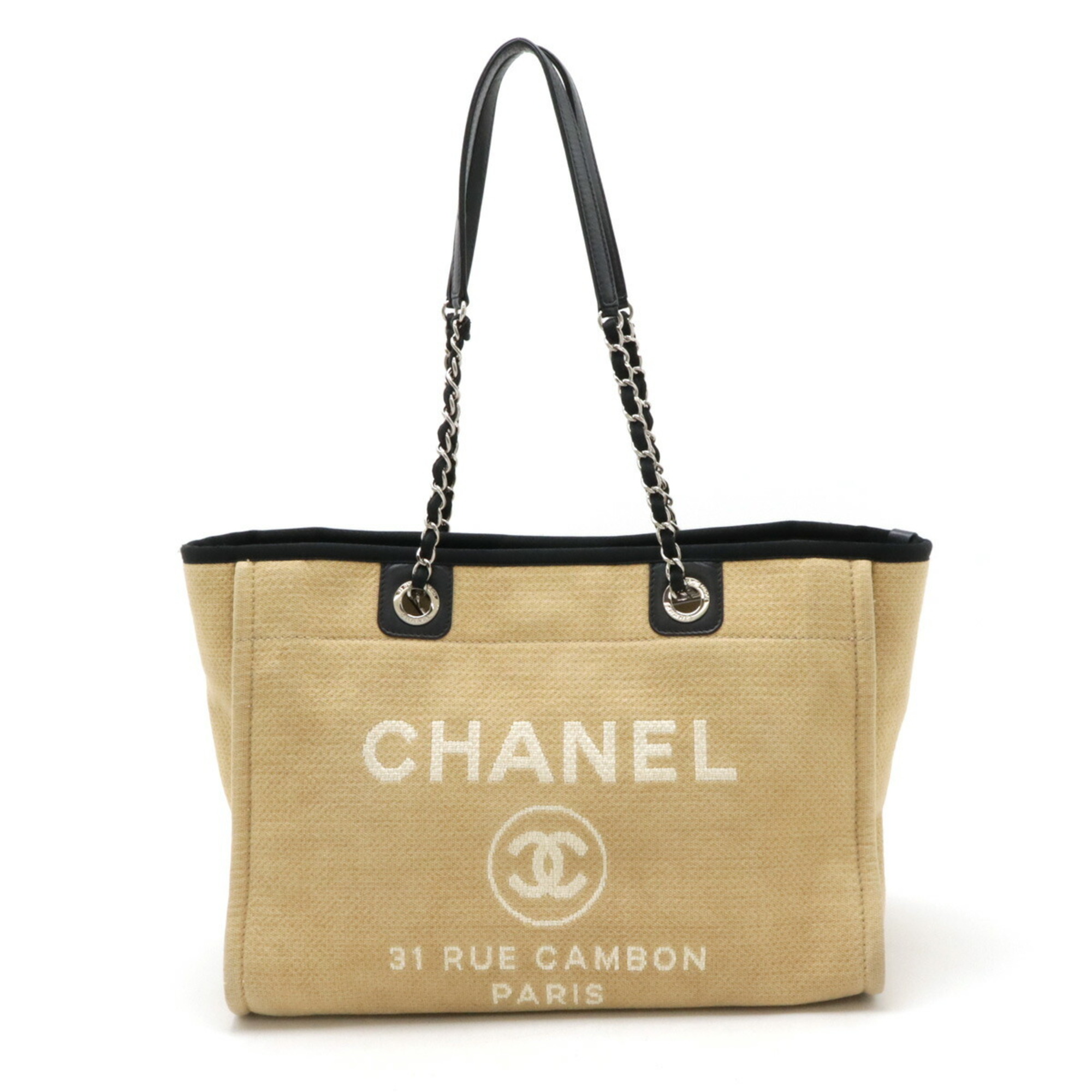 CHANEL Deauville Line Medium Tote MM Bag Shoulder Chain Beige Black A67001