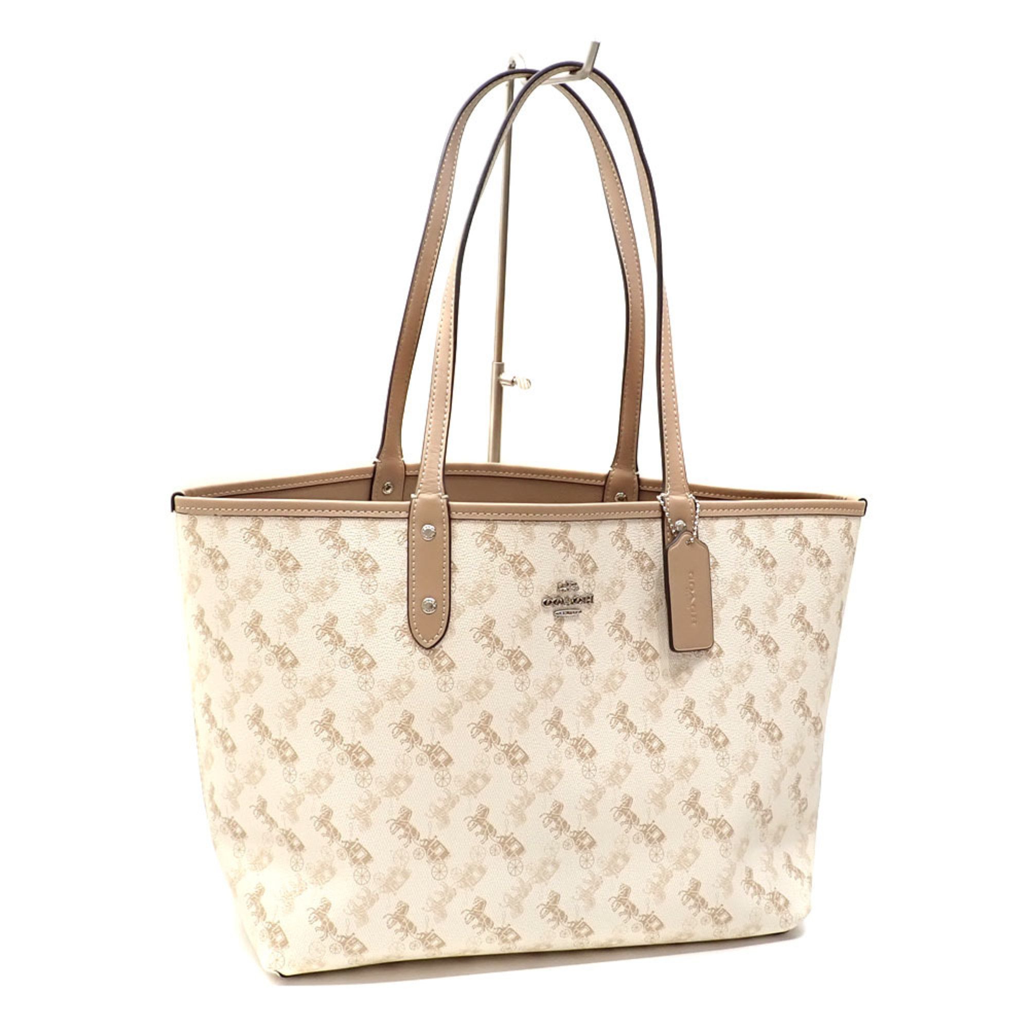 Coach Reversible City Tote Bag for Women, Beige, White, PVC, Leather, 91107, Horse and Carriage Print, Shoulder