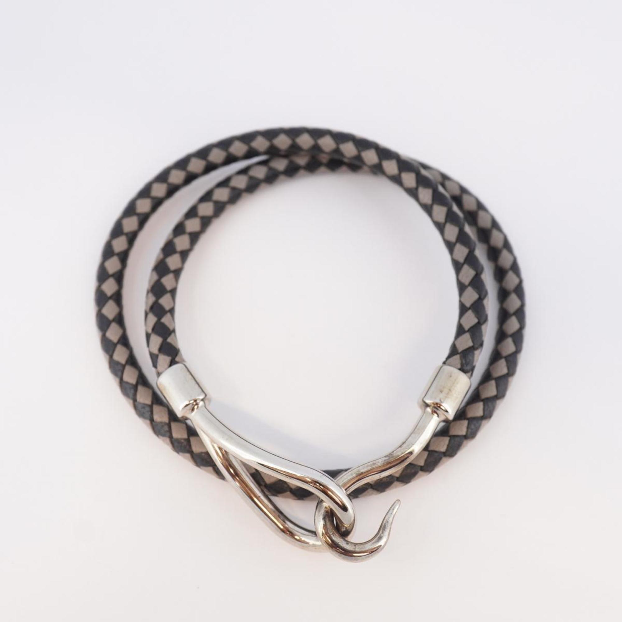 Hermes Bracelet Jumbo Hook Metal Material Leather Silver Black Grey Women's