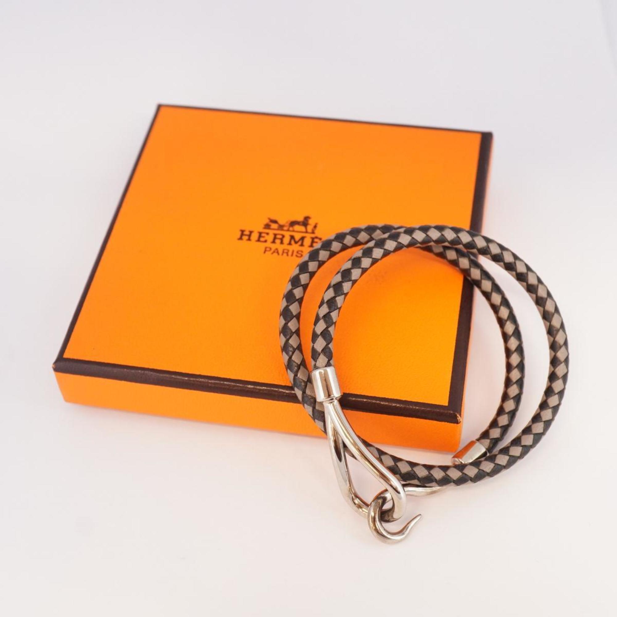 Hermes Bracelet Jumbo Hook Metal Material Leather Silver Black Grey Women's