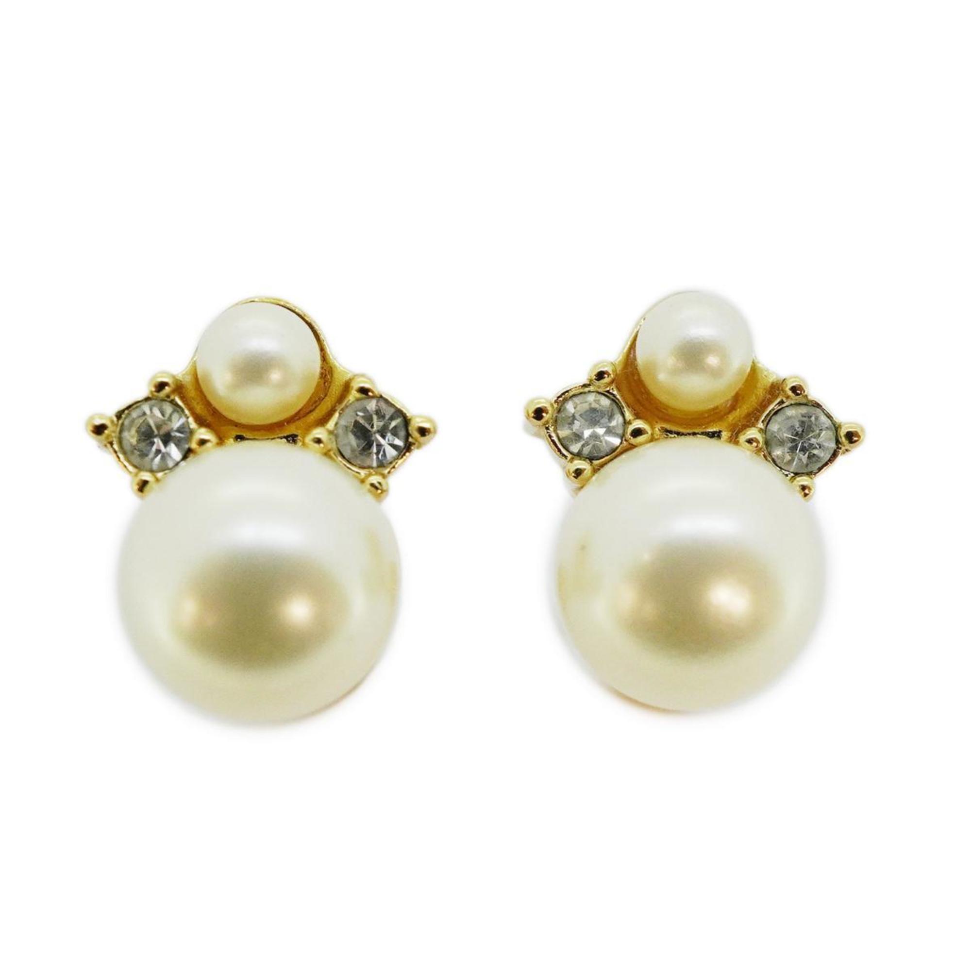 Christian Dior Earrings, Faux Pearl, Rhinestone, GP Plated, Gold, Women's