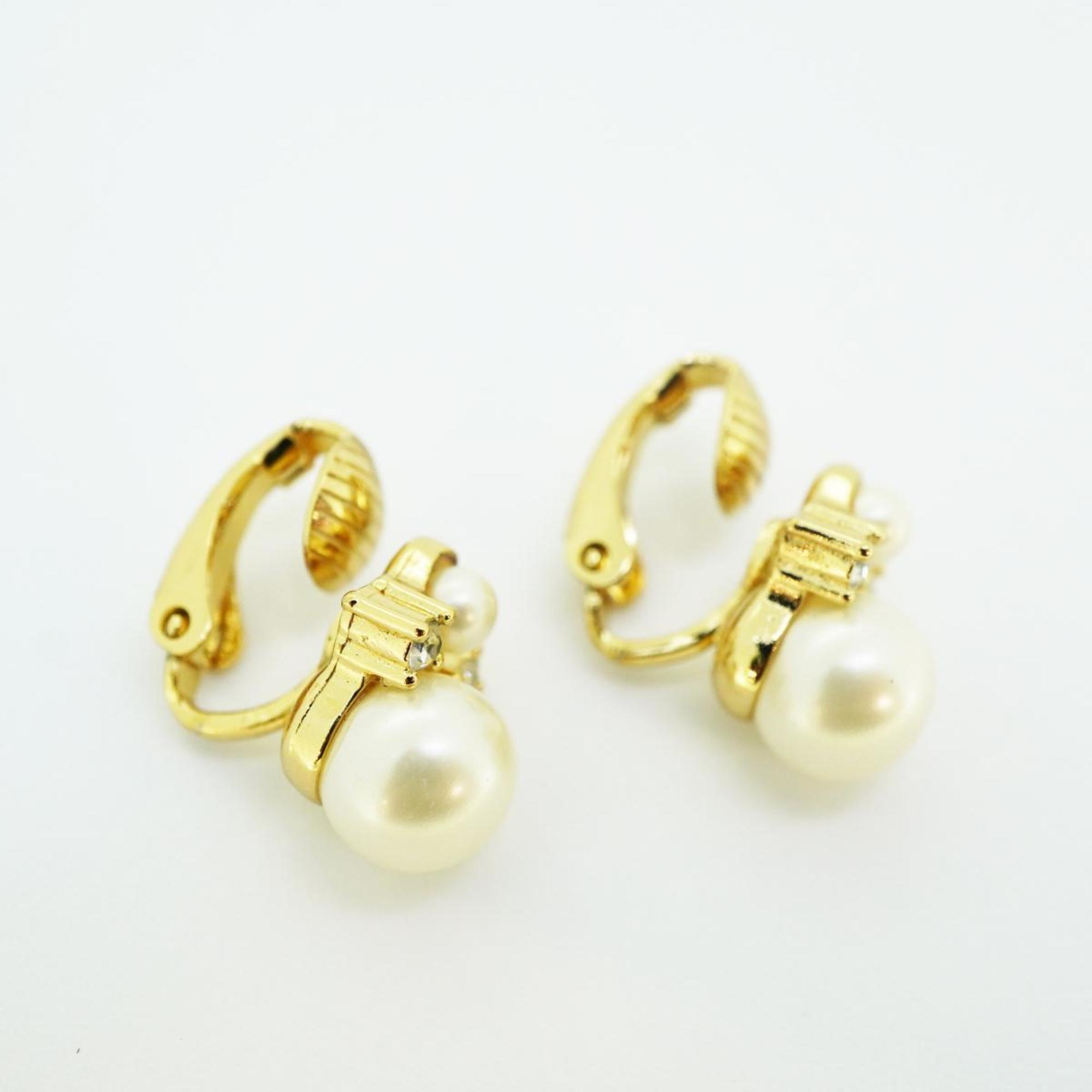 Christian Dior Earrings, Faux Pearl, Rhinestone, GP Plated, Gold, Women's