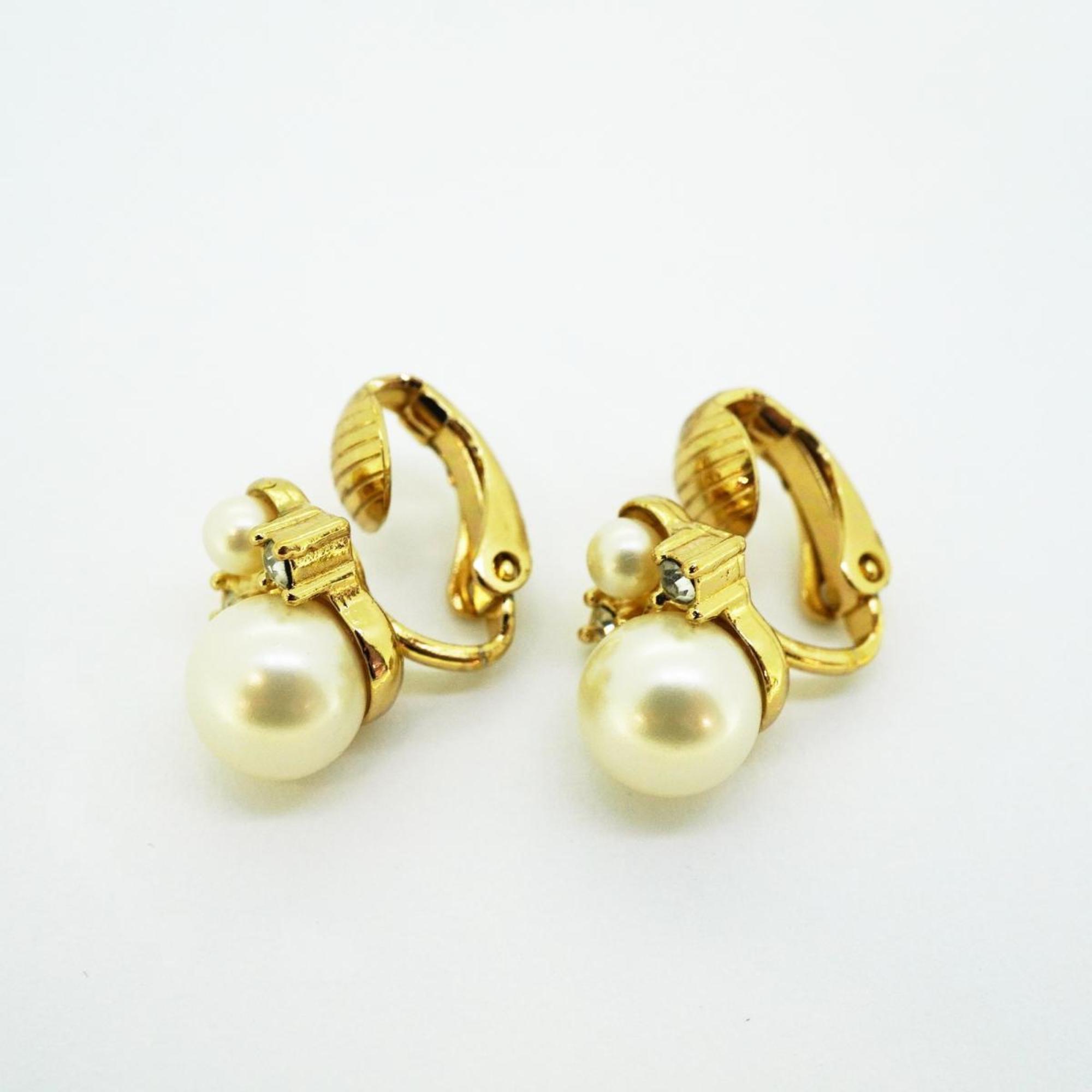 Christian Dior Earrings, Faux Pearl, Rhinestone, GP Plated, Gold, Women's