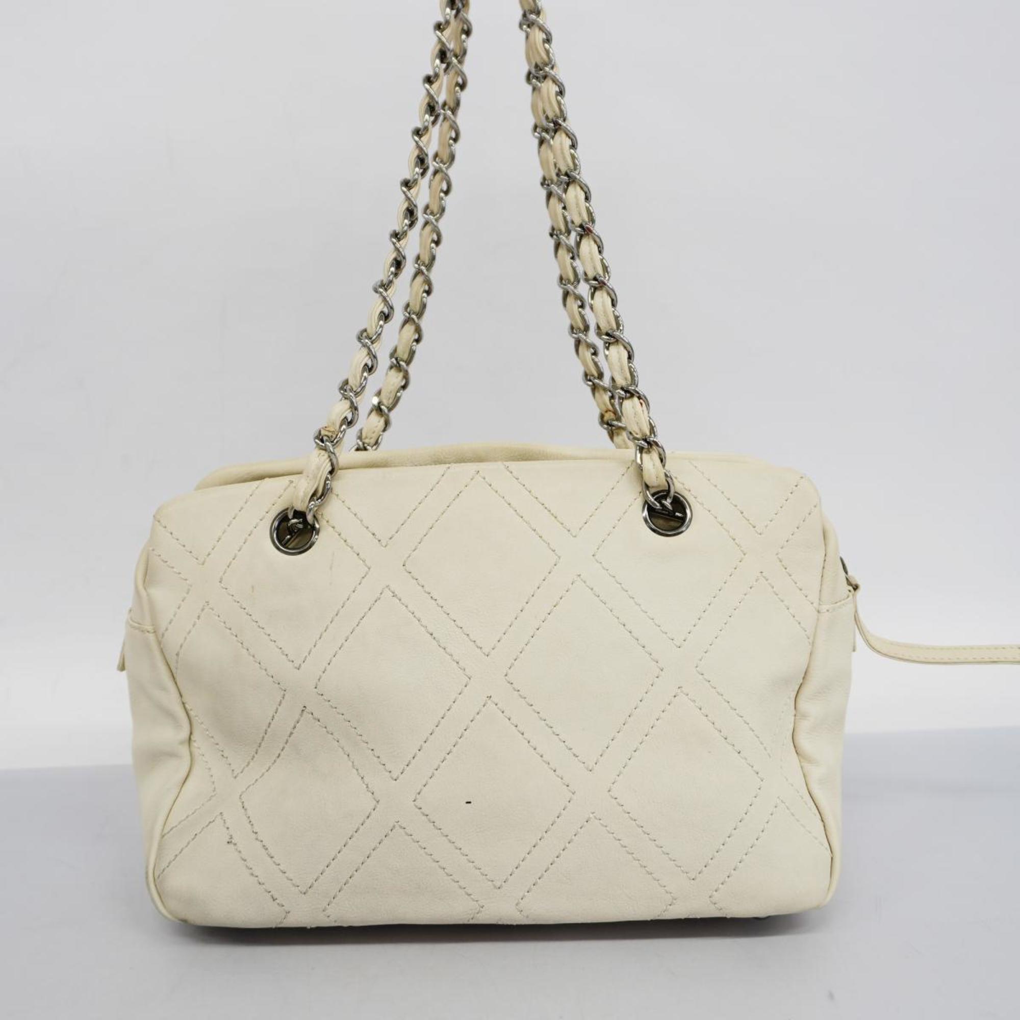 Chanel Shoulder Bag Chain Leather White Women's