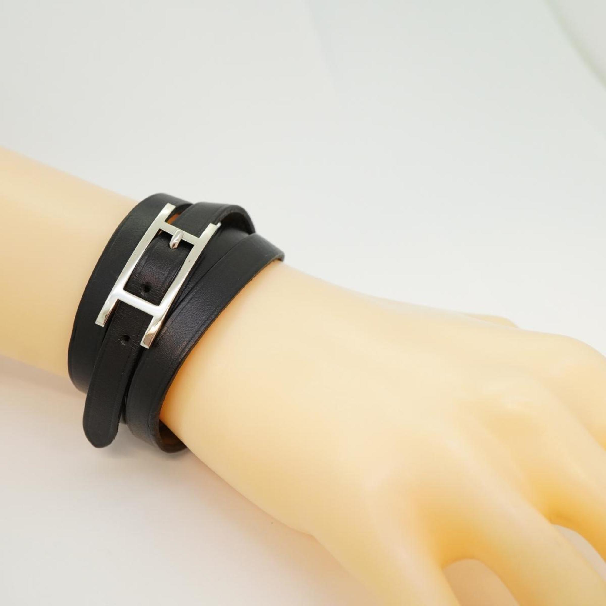 Hermes Bracelet API3 □D Metal Material Leather Silver Black Men's Women's