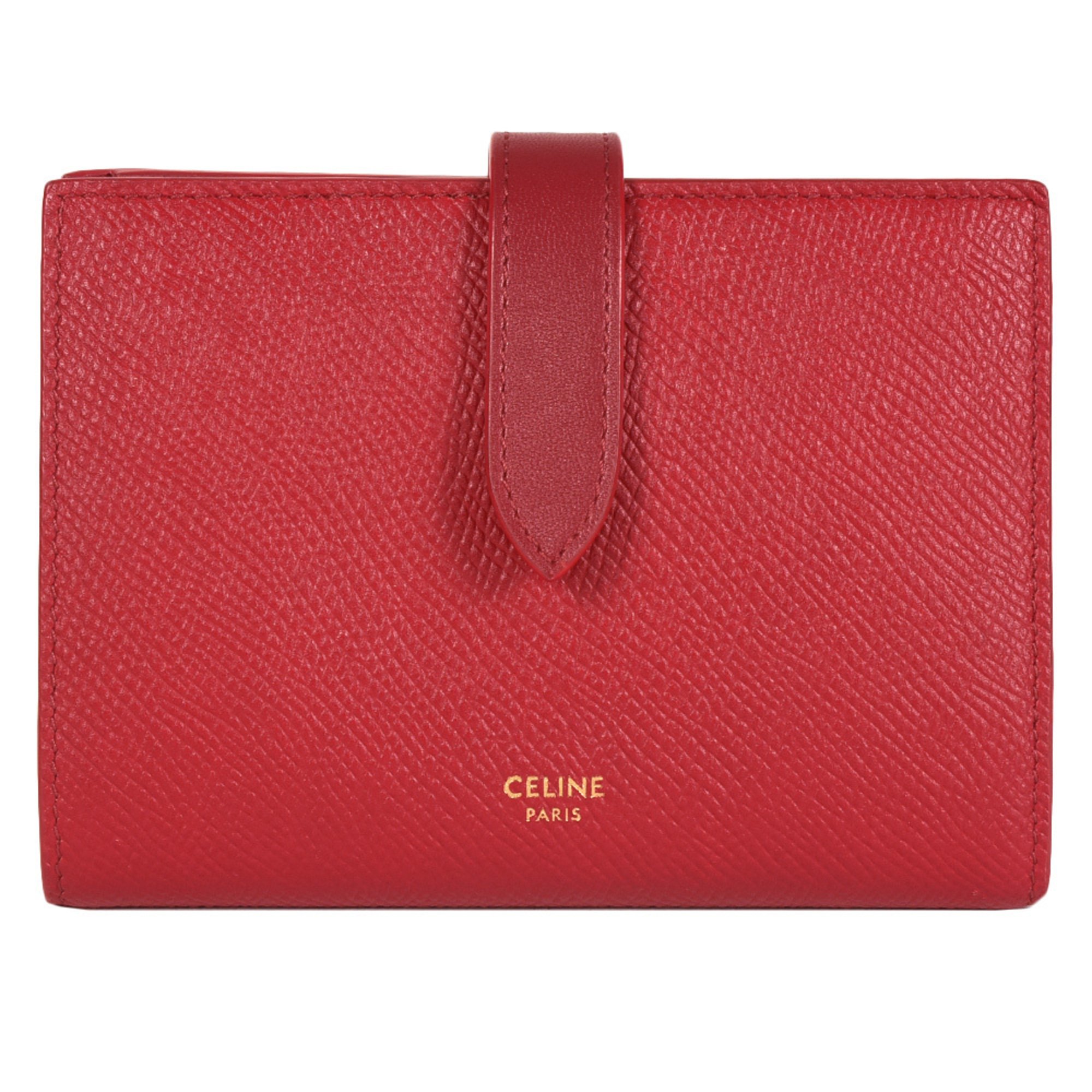 CELINE Medium Strap Wallet Bi-fold Grained Calf Leather Red Women's