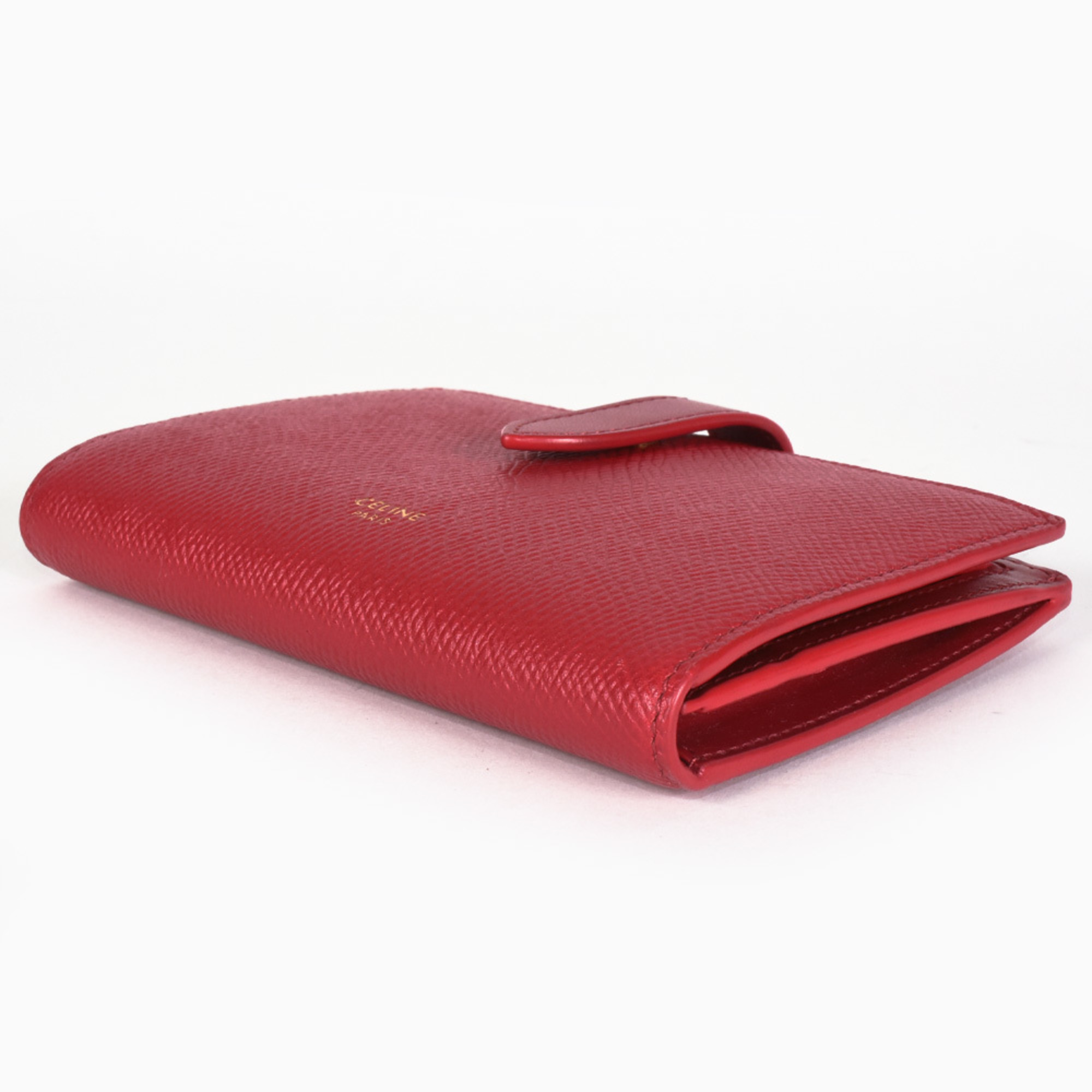 CELINE Medium Strap Wallet Bi-fold Grained Calf Leather Red Women's