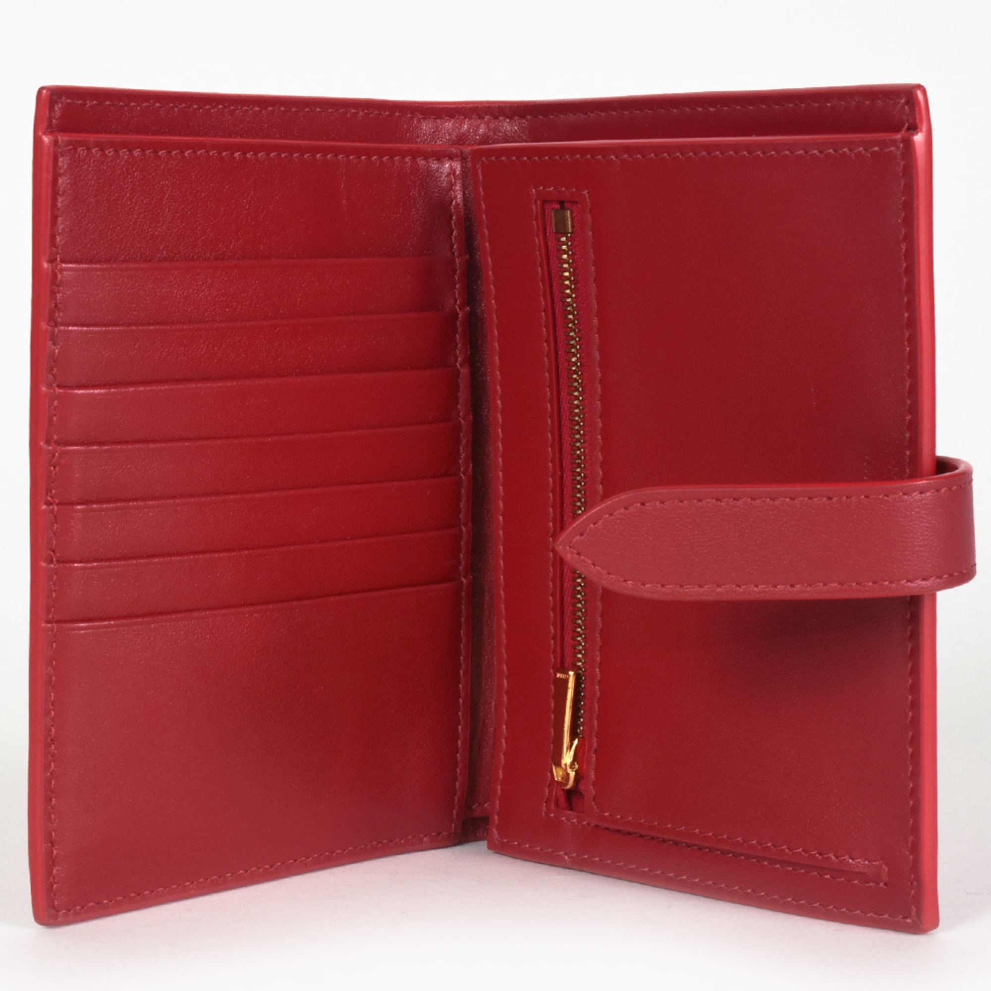 CELINE Medium Strap Wallet Bi-fold Grained Calf Leather Red Women's