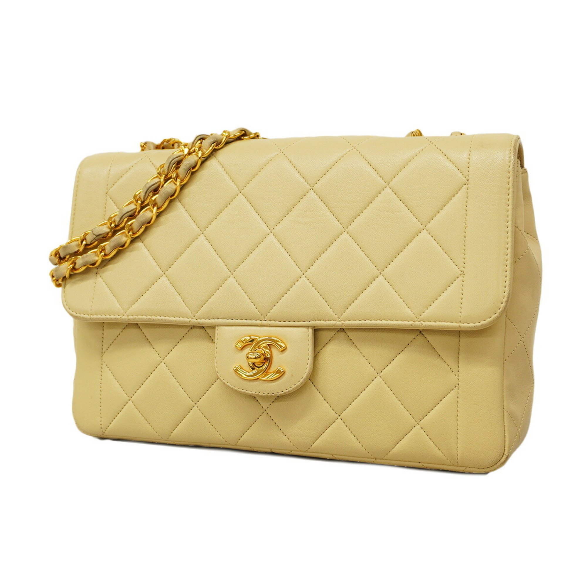 Chanel Shoulder Bag Matelasse W Chain Lambskin White Women's