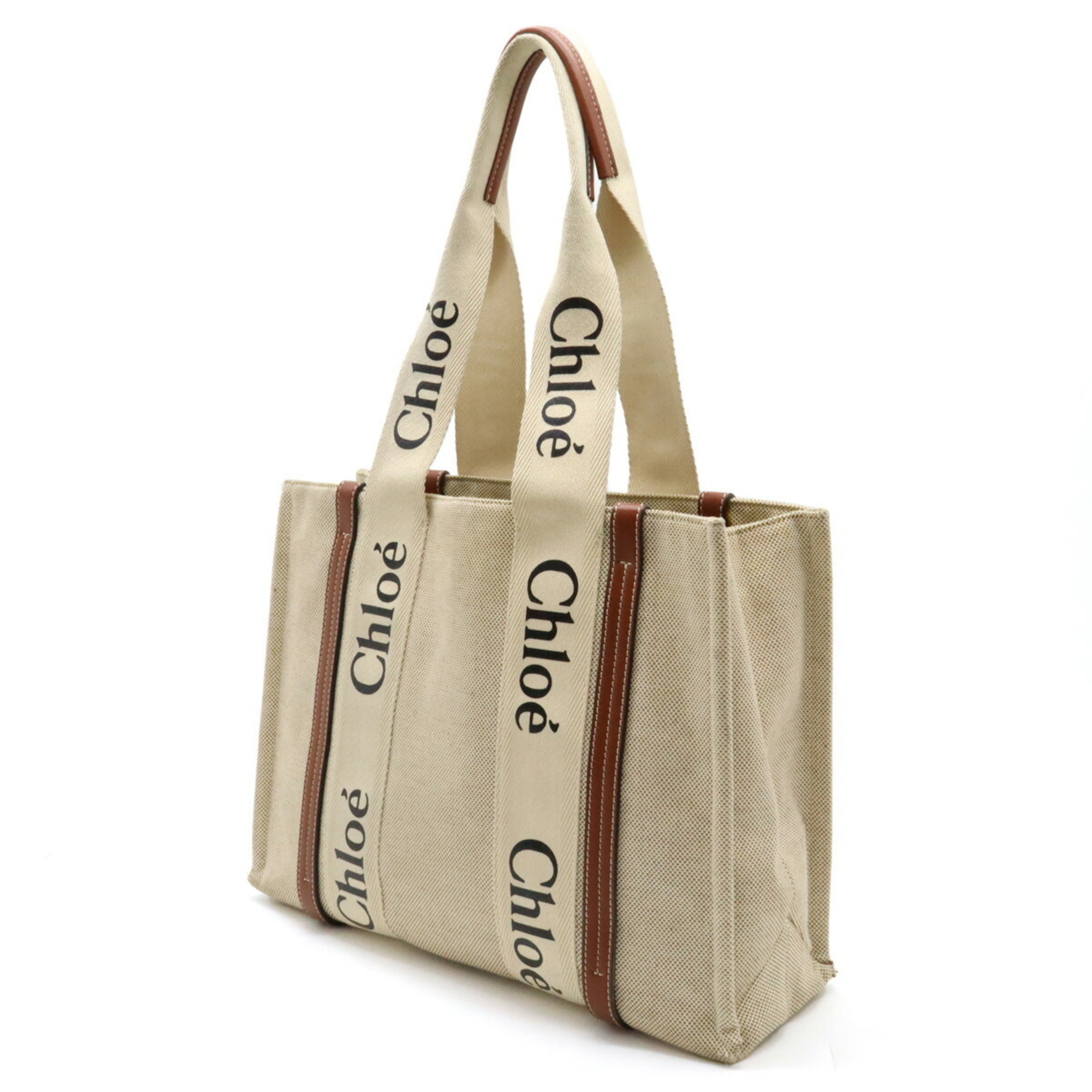 Chloé Chloe Woody Medium Tote Bag Shoulder Linen Canvas Leather Beige Brown