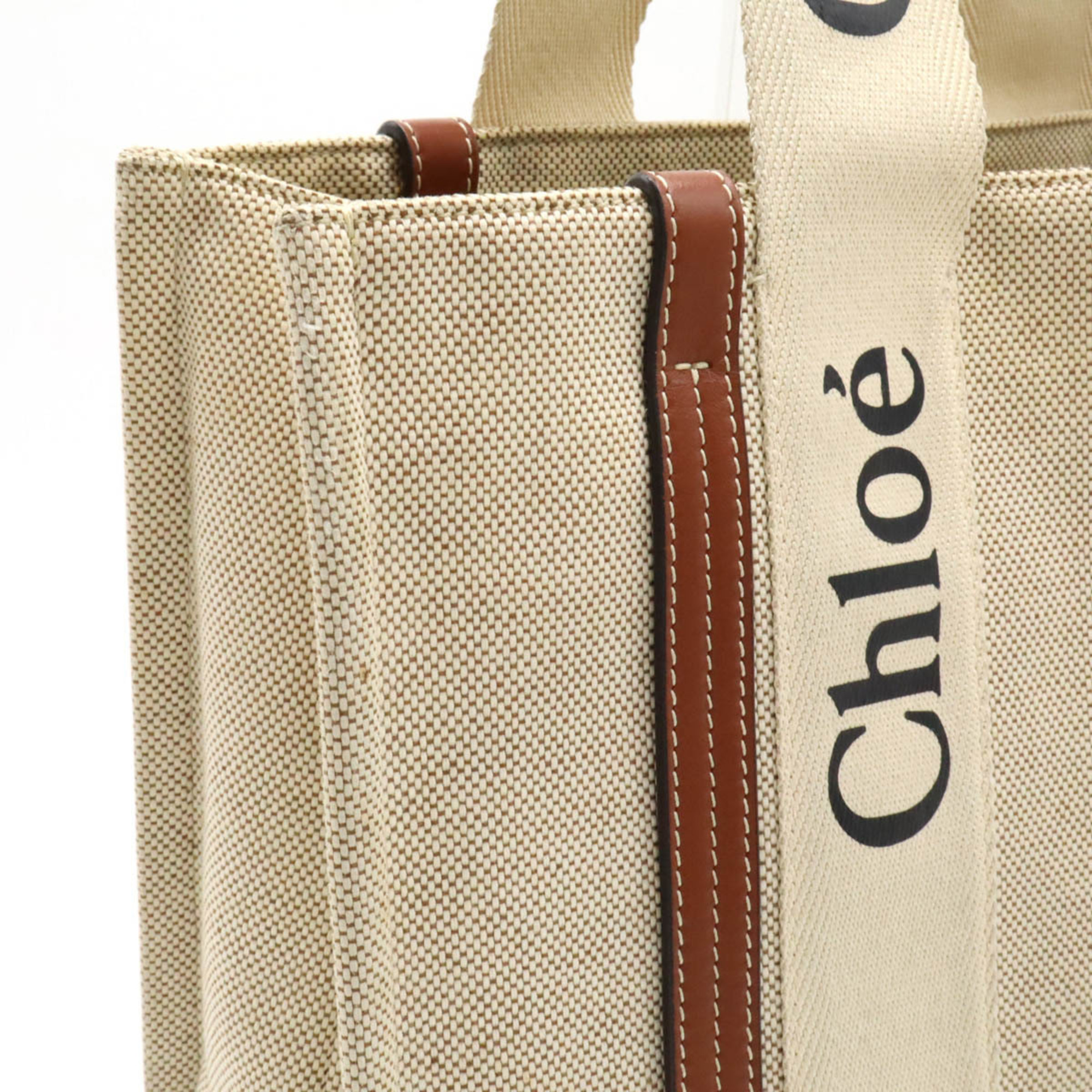 Chloé Chloe Woody Medium Tote Bag Shoulder Linen Canvas Leather Beige Brown