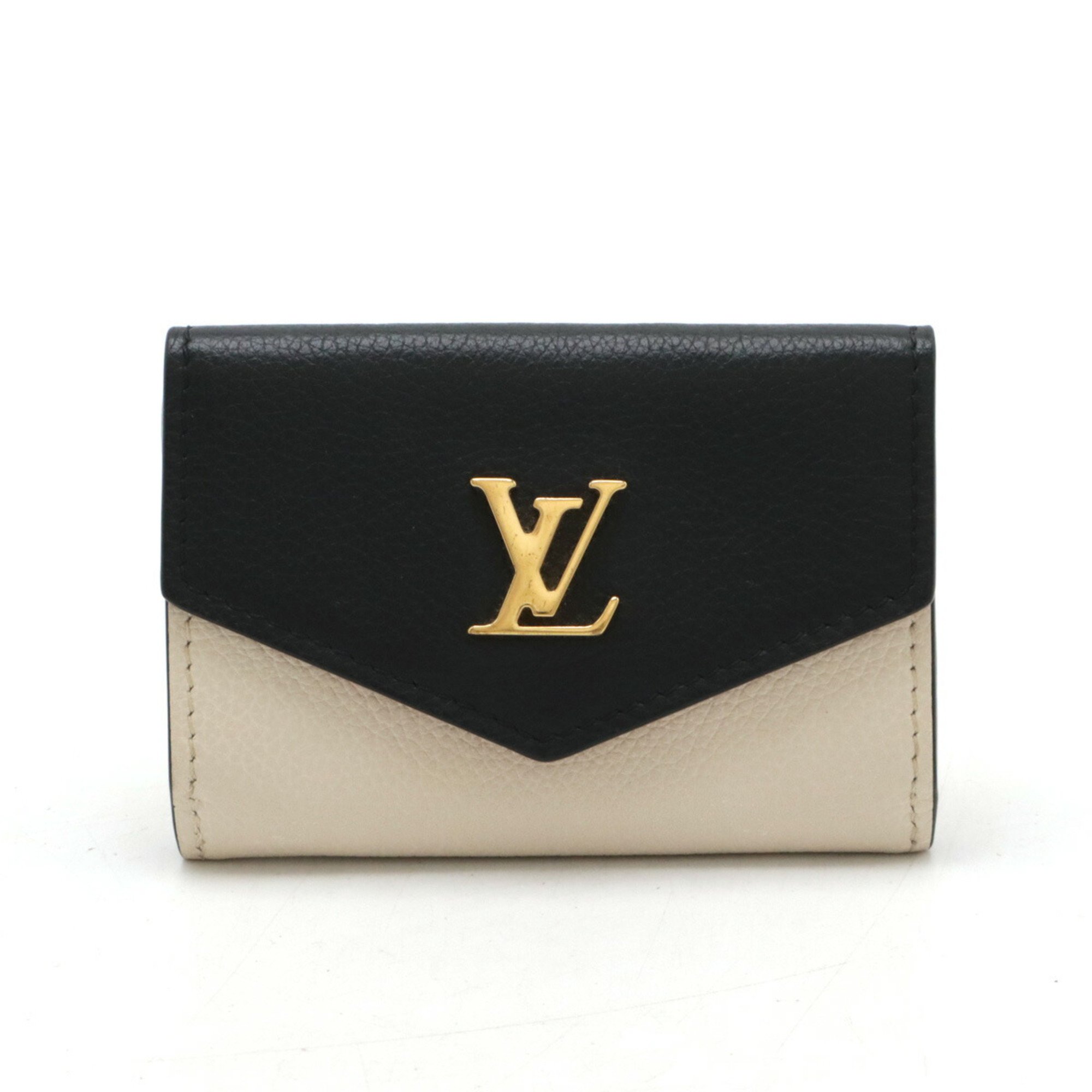 LOUIS VUITTON Louis Vuitton Portefeuille Lock Tri-fold Wallet Compact Bicolor Leather Beige Black M69340