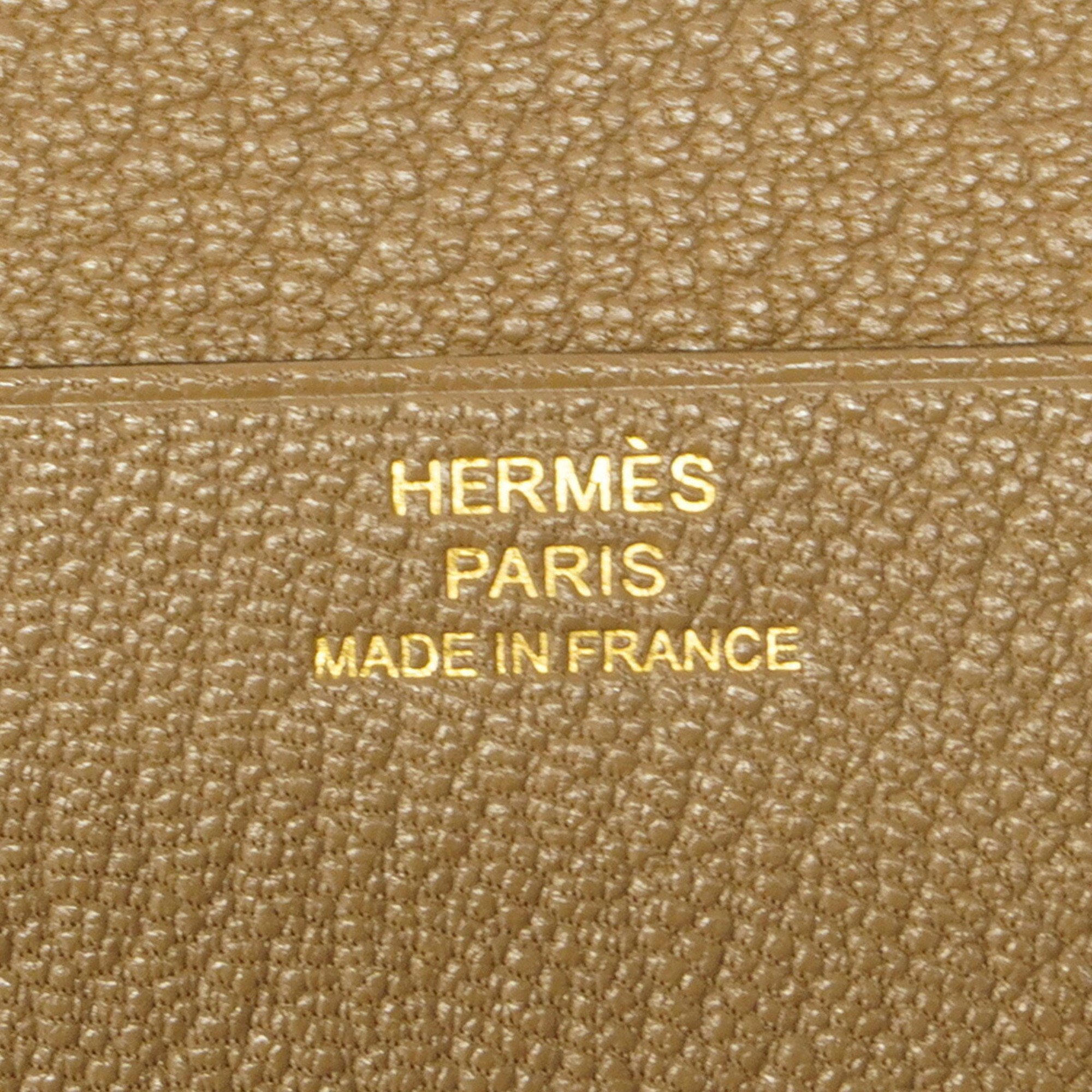 Hermes Tri-fold Wallet Bearn Combination U Engraved Chevre Etoupe Women's