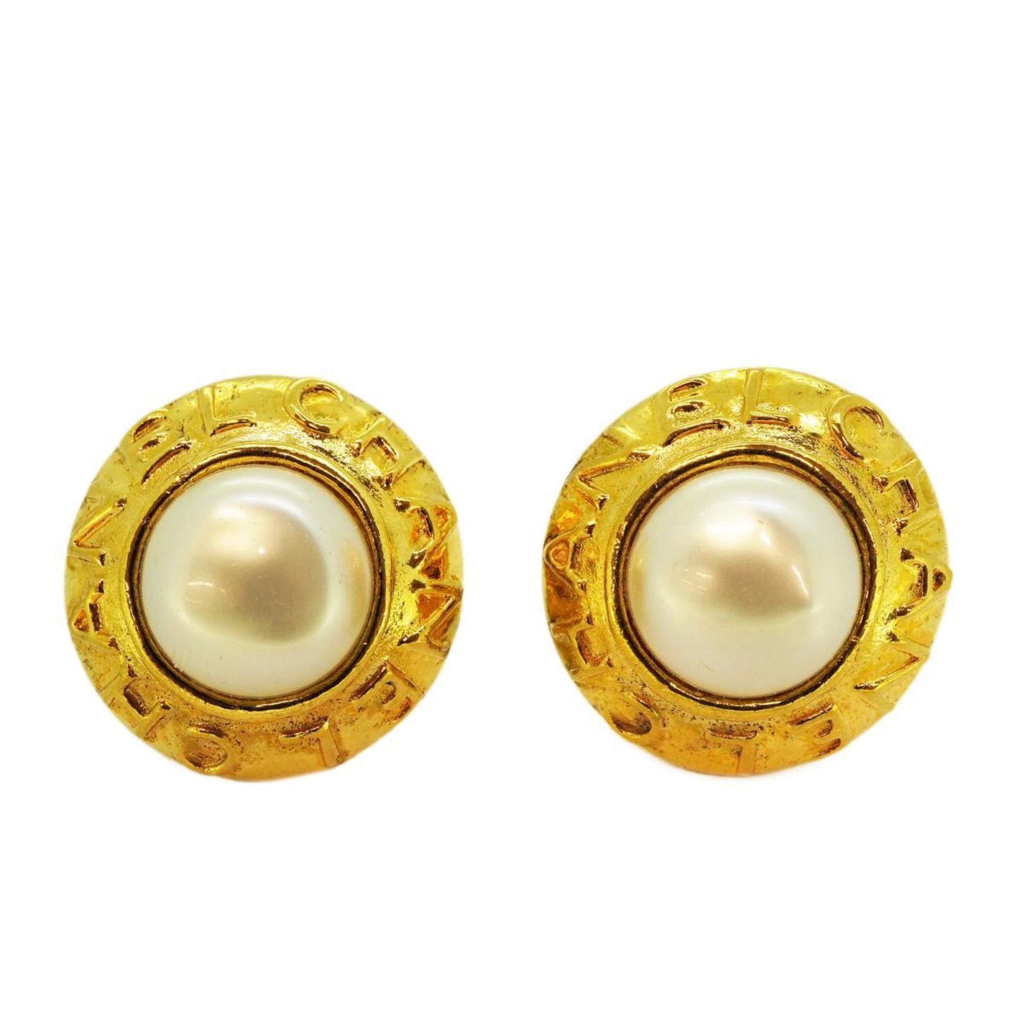 Chanel Earrings Circle Faux Pearl GP Plated Gold Women's