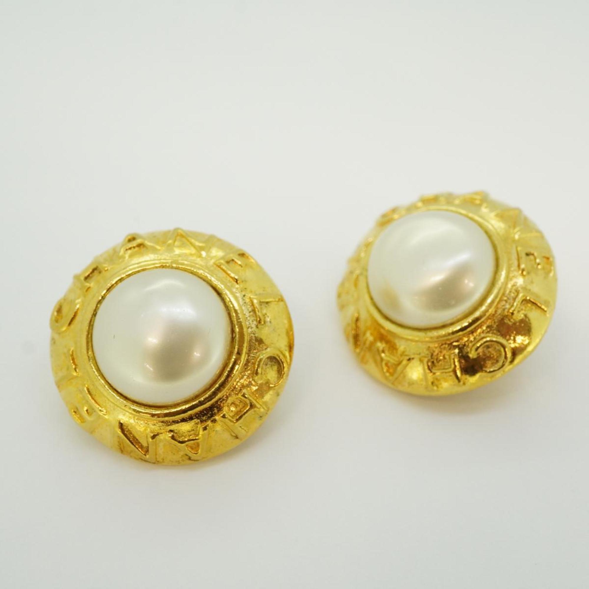 Chanel Earrings Circle Faux Pearl GP Plated Gold Women's