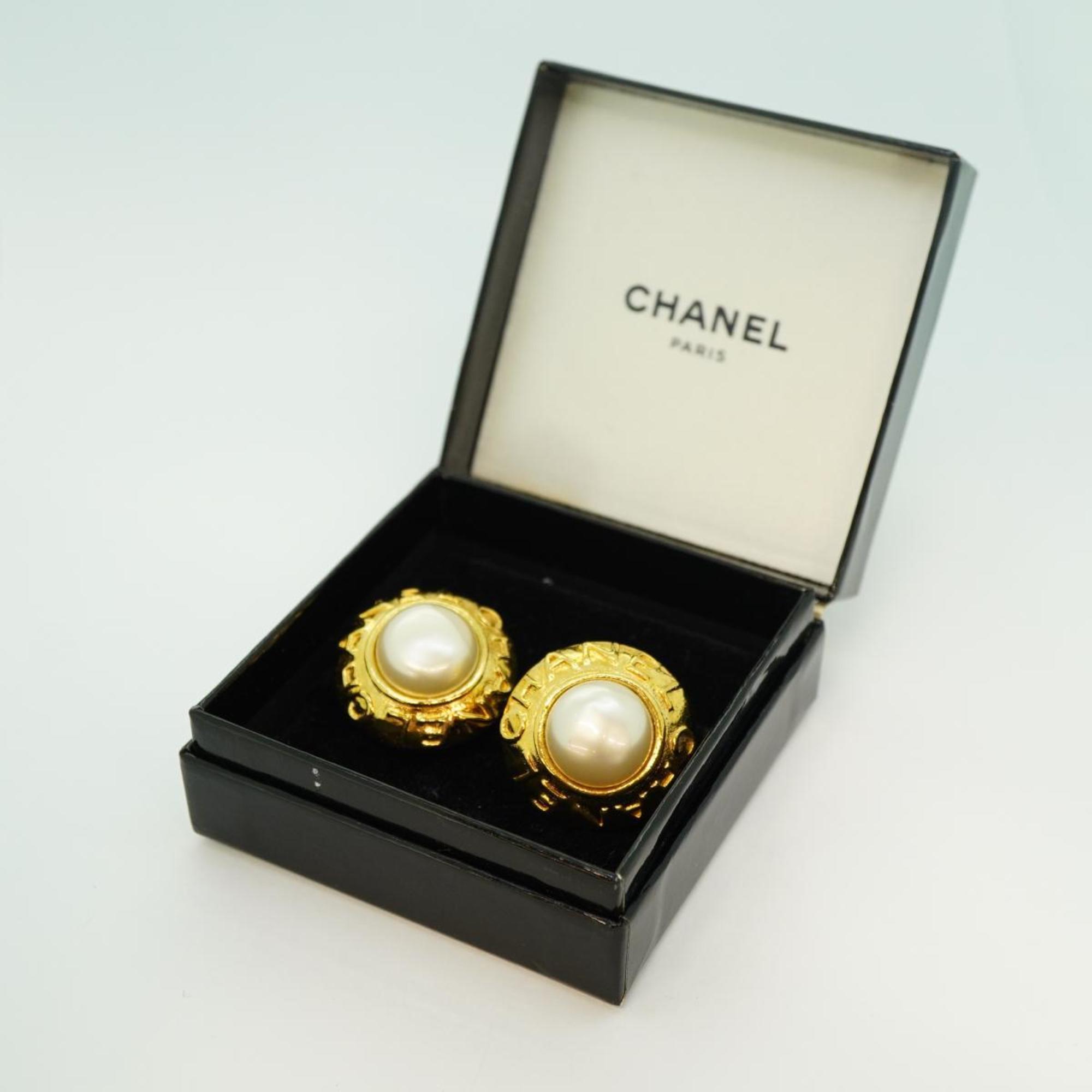 Chanel Earrings Circle Faux Pearl GP Plated Gold Women's