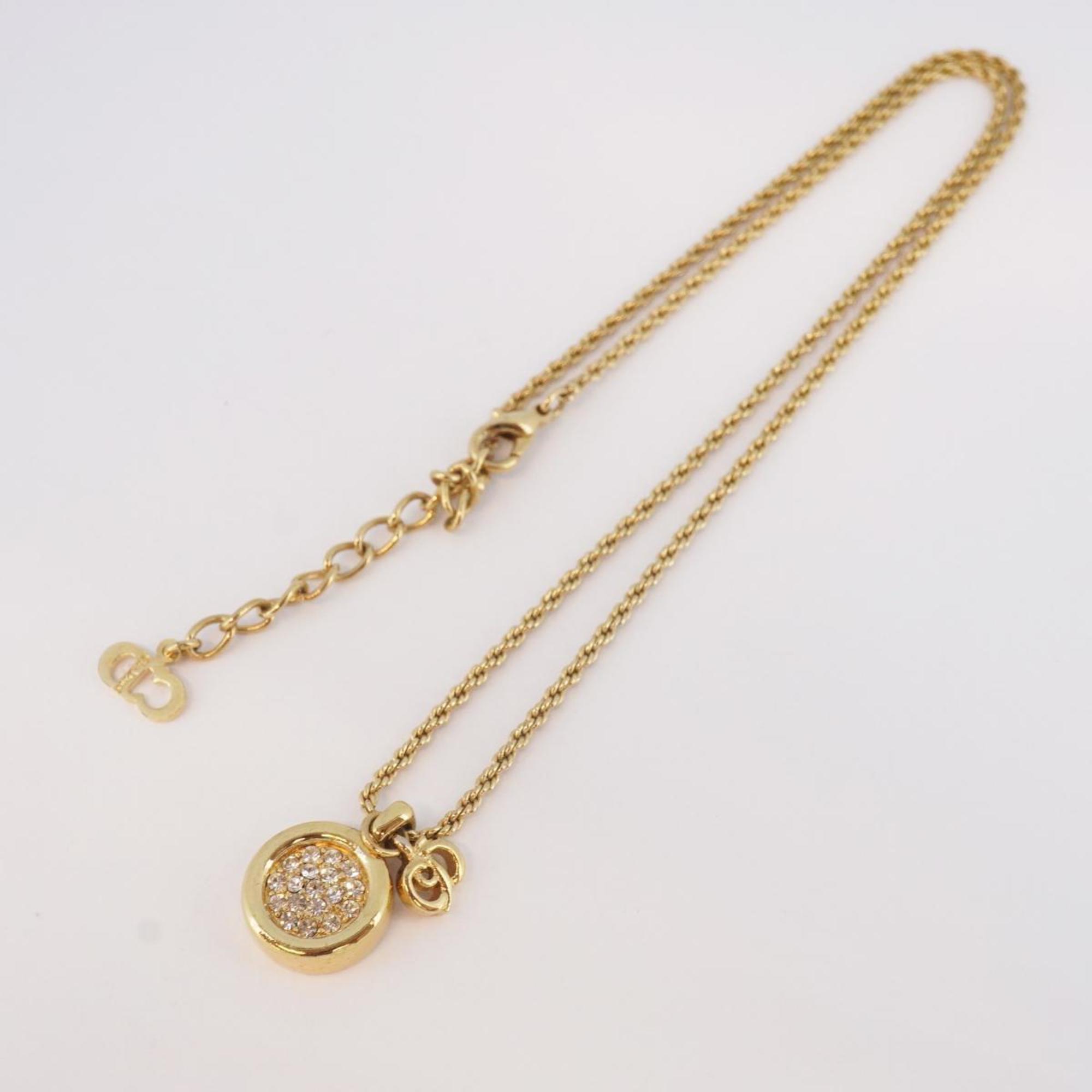 Christian Dior Necklace Circle Rhinestone GP Plated Gold Women's