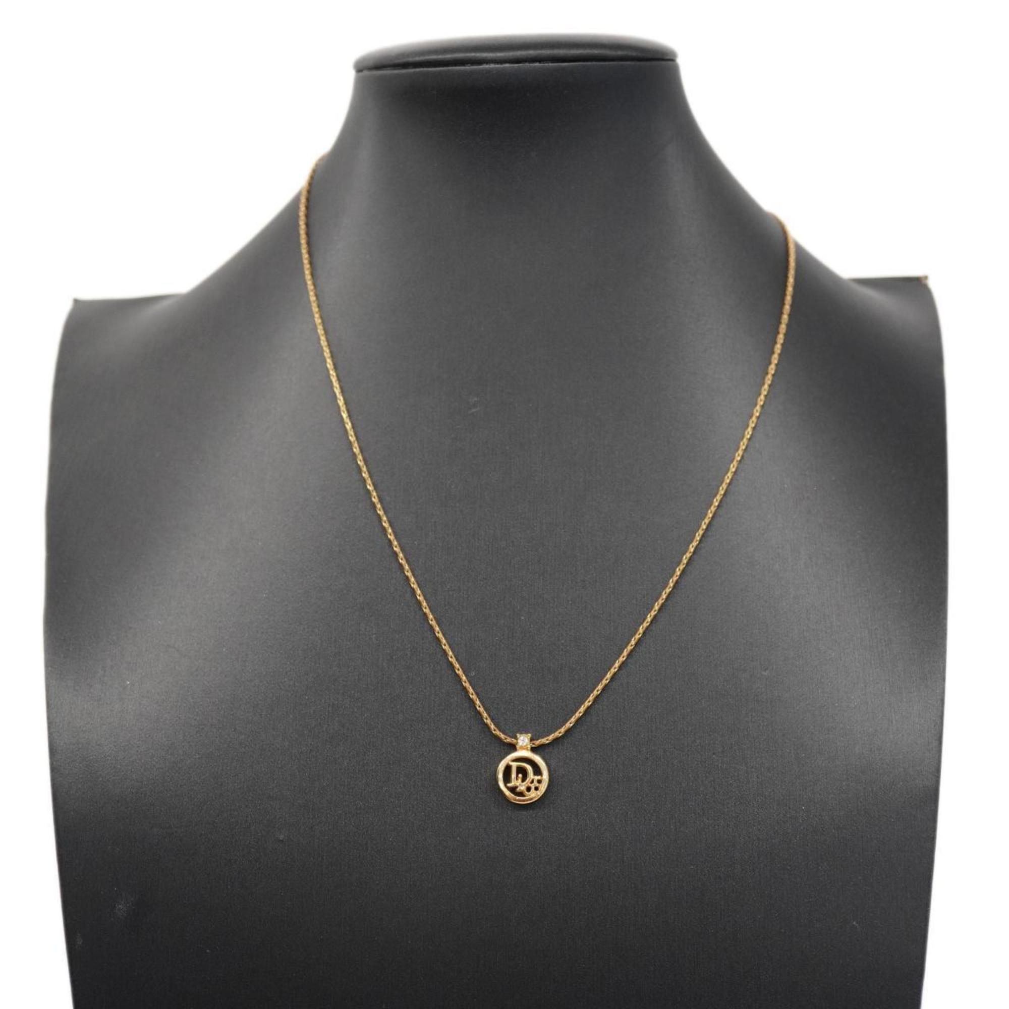 Christian Dior Necklace Circle Rhinestone GP Plated Gold Women's