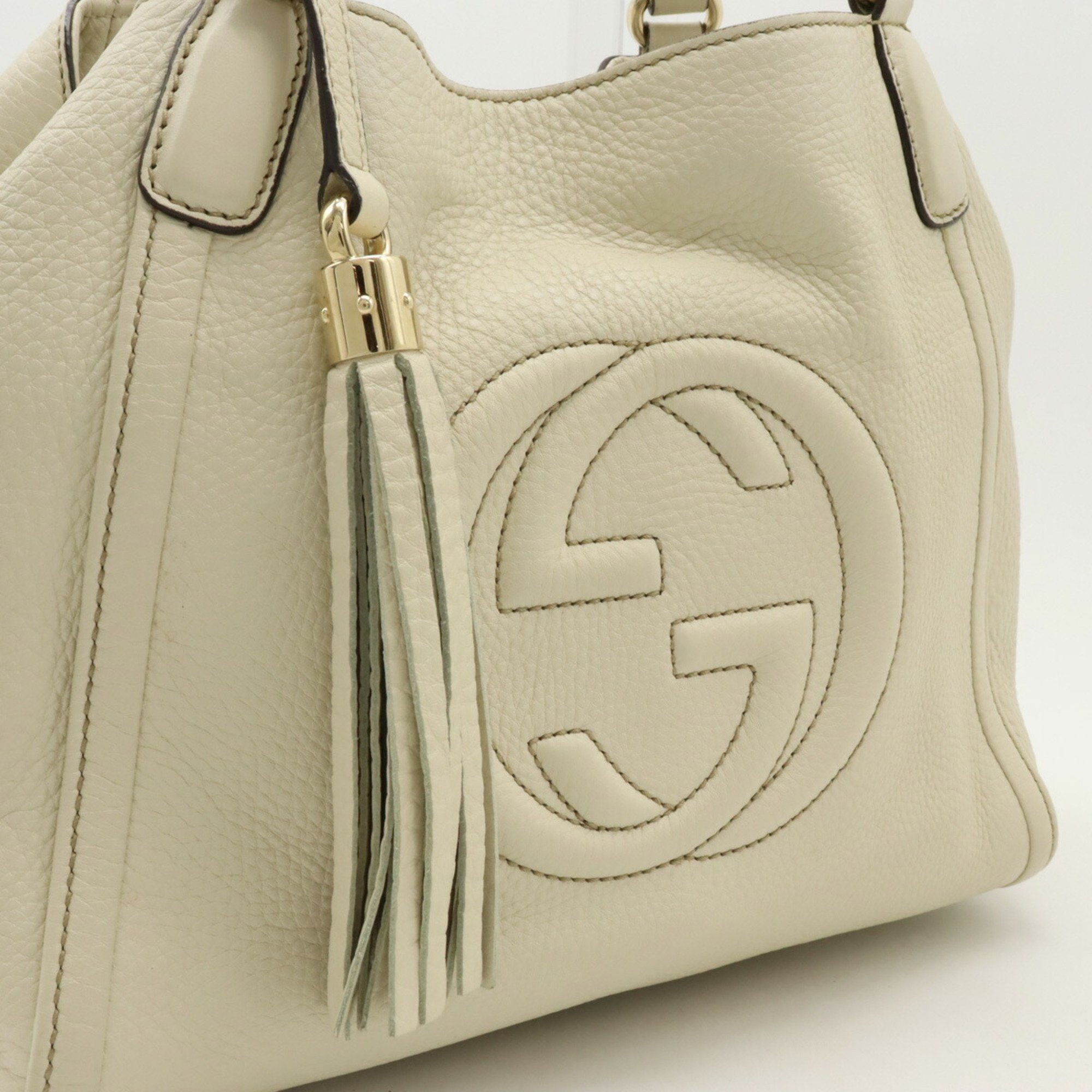 GUCCI Soho Interlocking G Handbag Tote Bag Leather Ivory Shoulder 336751