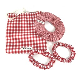 MIU Miu scrunchie 3-piece set, gingham check, 4-piece pouch hair, hair tie, scrunchie, canvas, women's, red