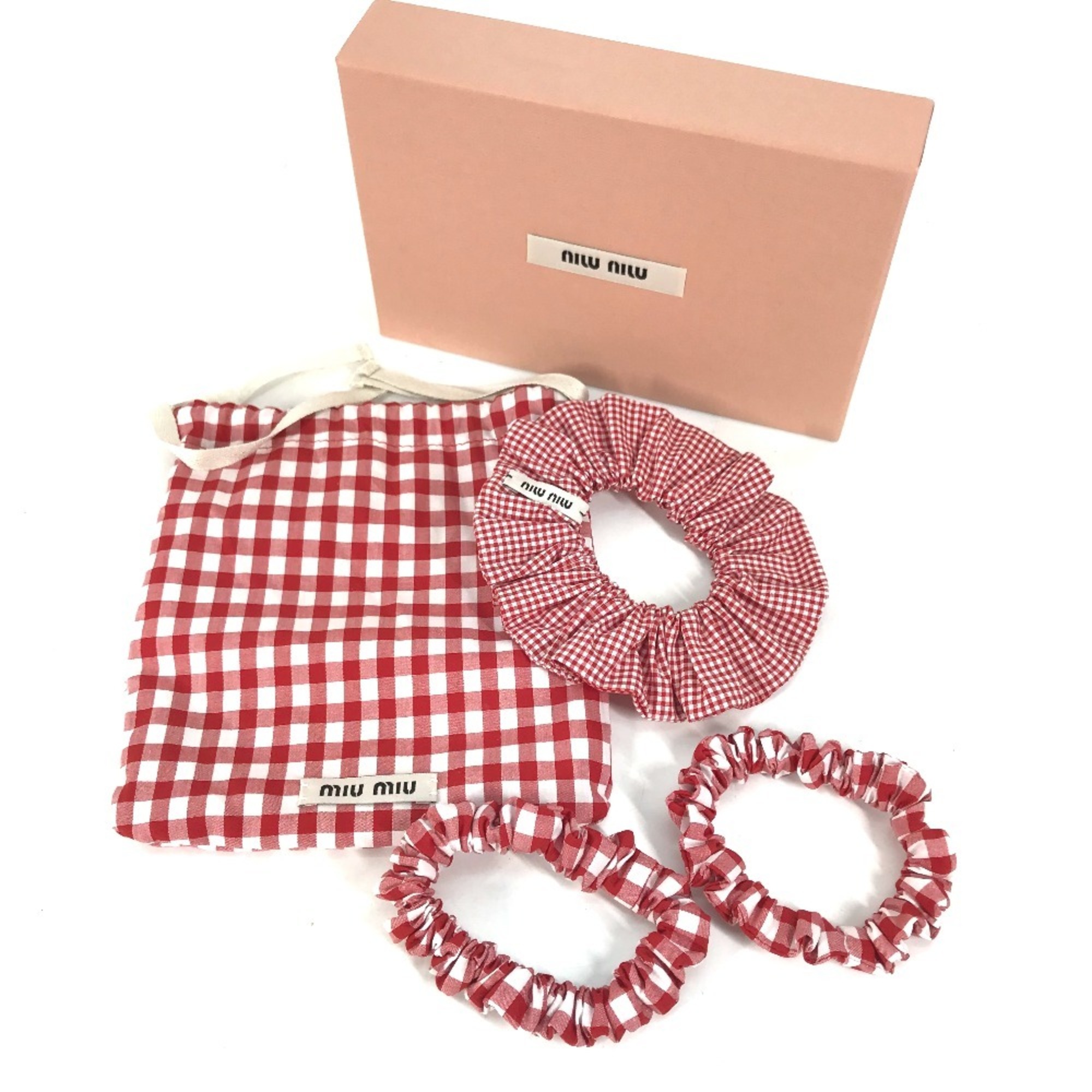 MIU Miu scrunchie 3-piece set, gingham check, 4-piece pouch hair, hair tie, scrunchie, canvas, women's, red