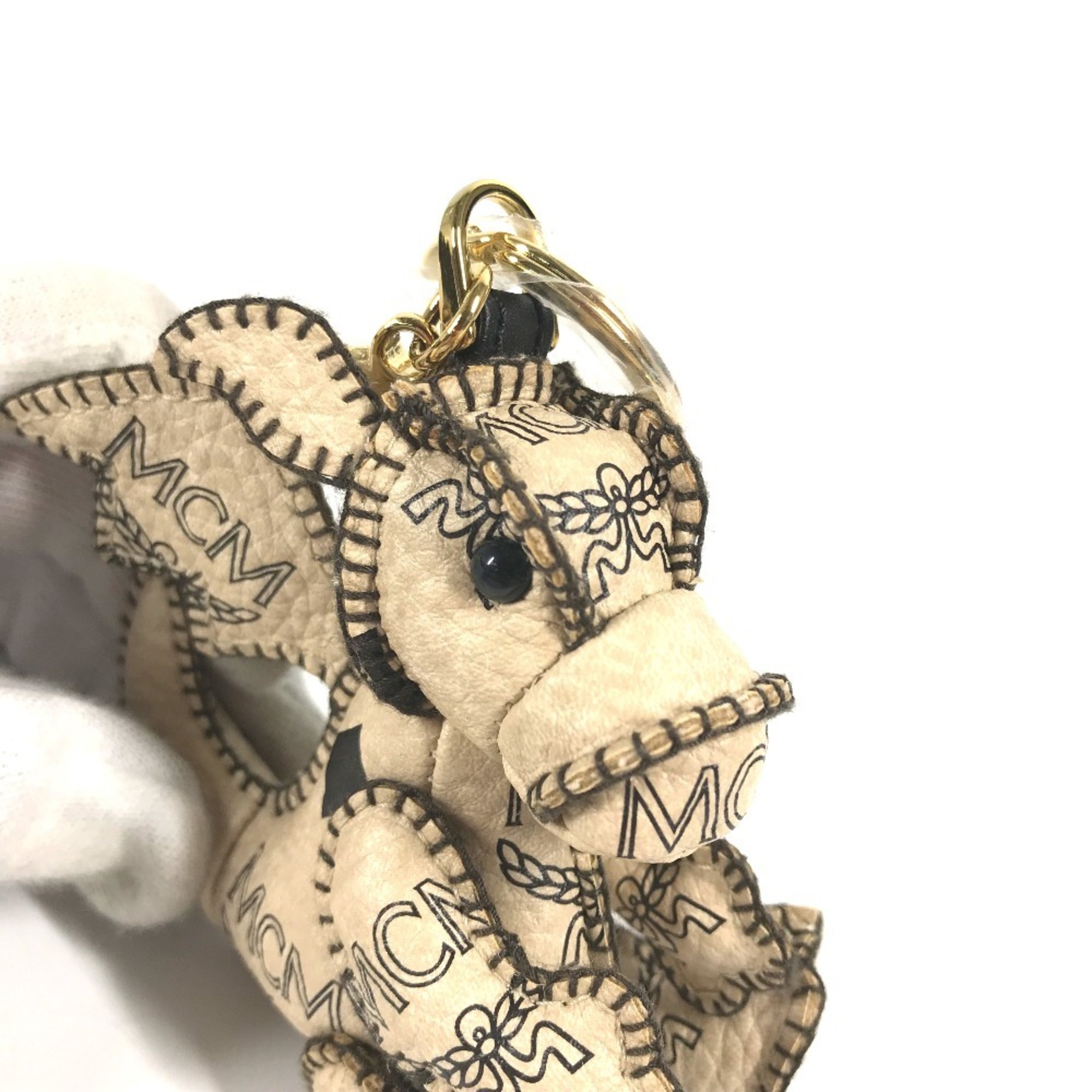 MCM Visetos Dragon Bag Charm Keychain Leather Women's Beige