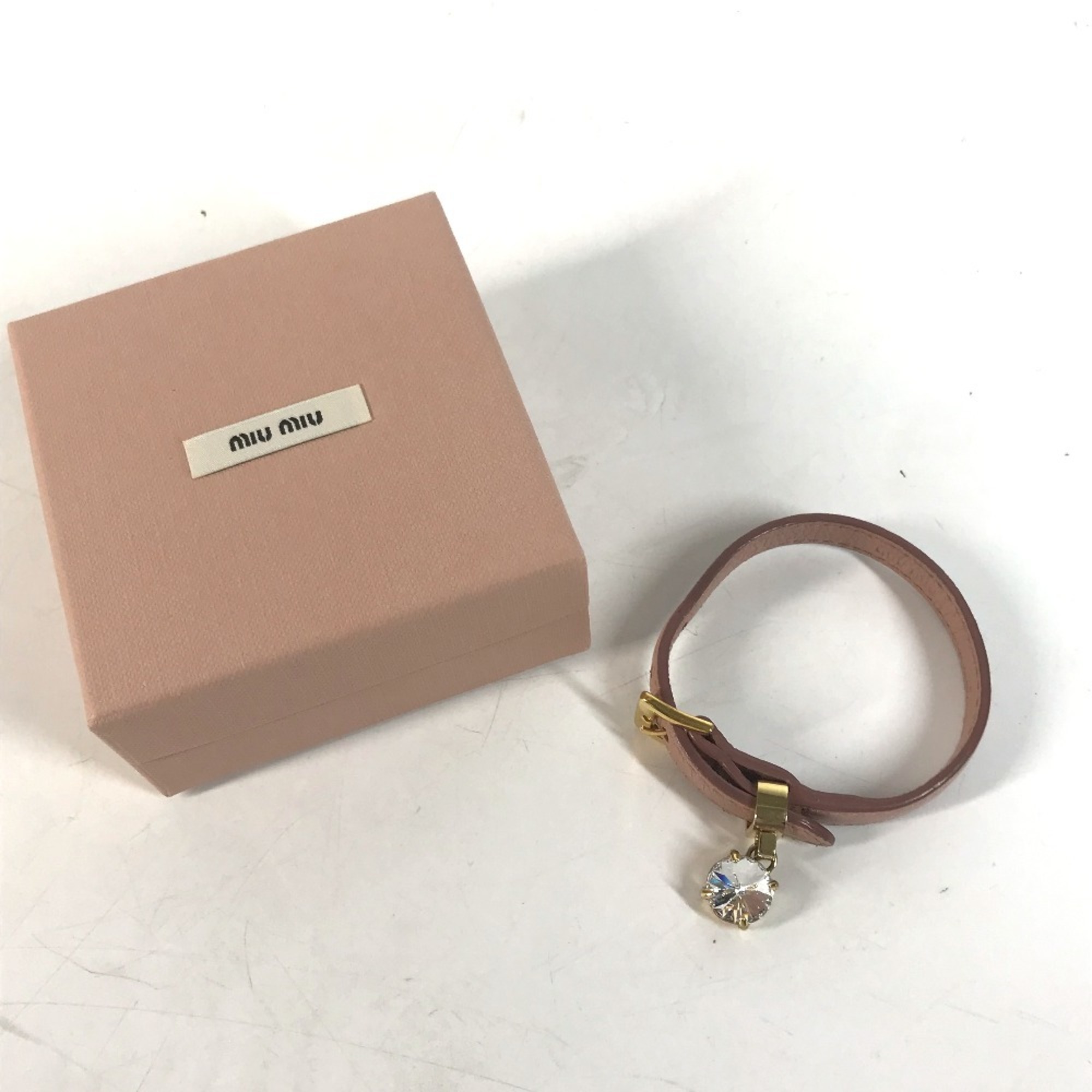 MIU Miu Rhinestone Bangle Bracelet Leather Women's Pink