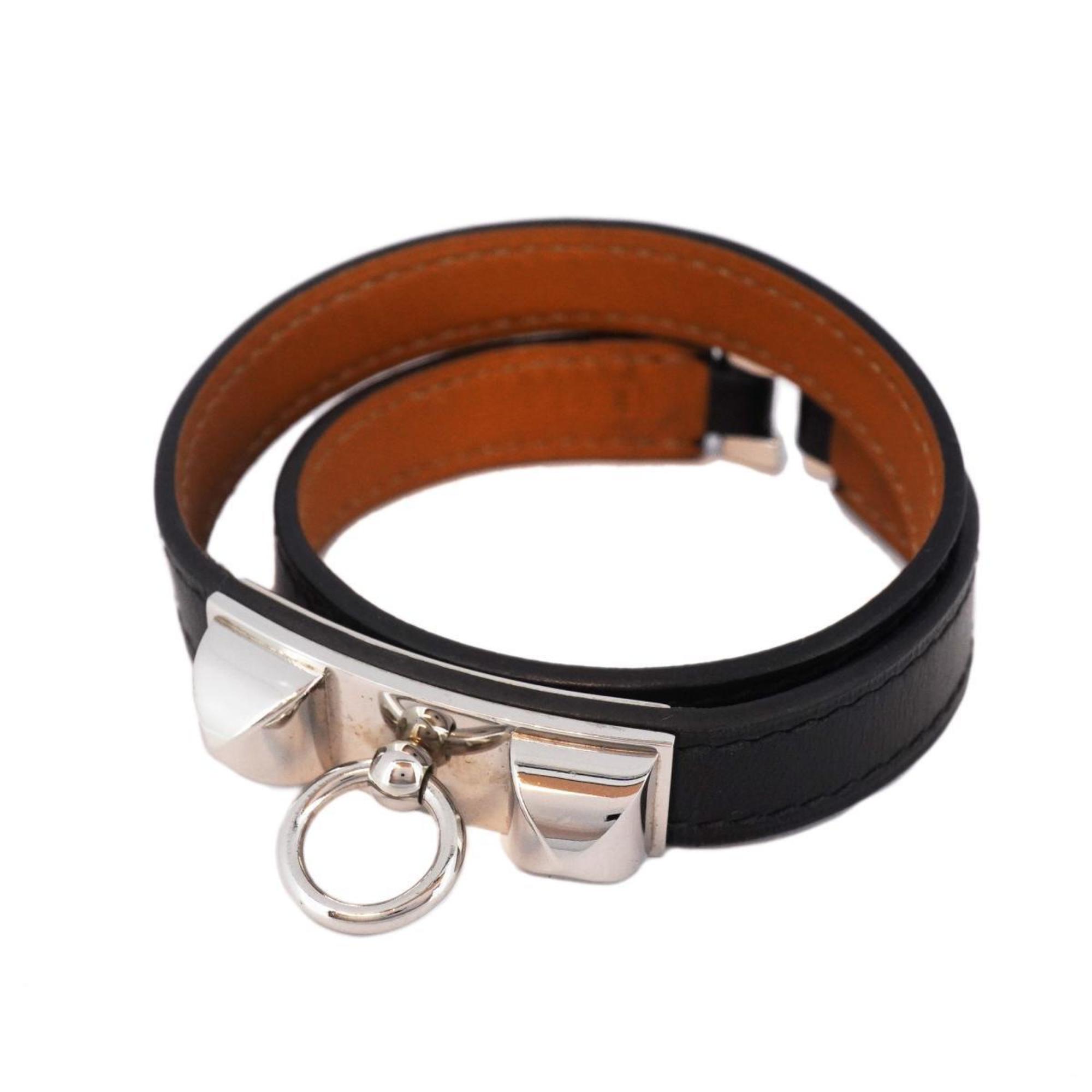 Hermes bracelet, engraved with L, Rival de Brutour, metal material, leather, silver, black, brown, men's, women's