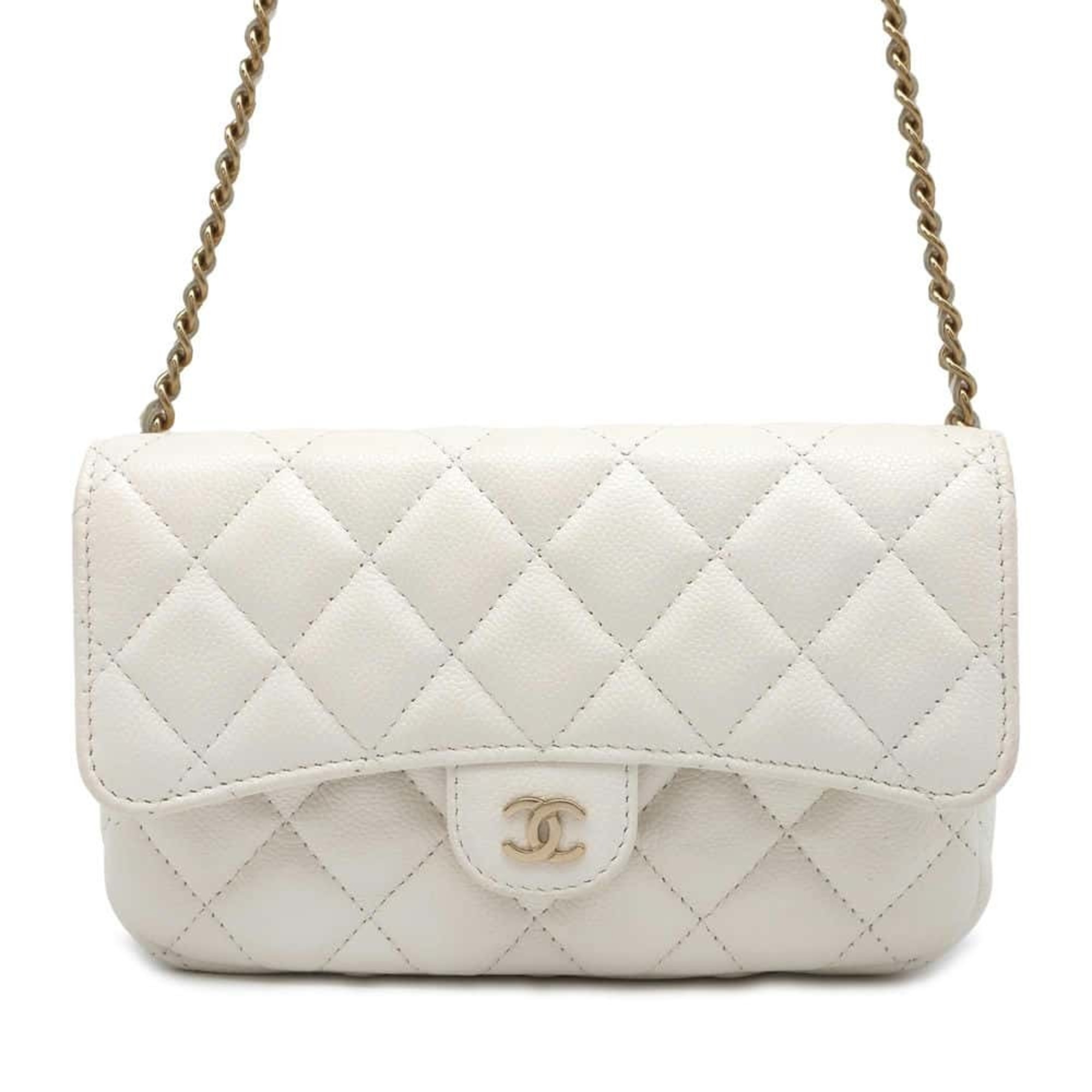 Chanel Chain Shoulder Bag Flap Phone Case Matelasse Coco Mark Caviar Skin AP2096 CHANEL White