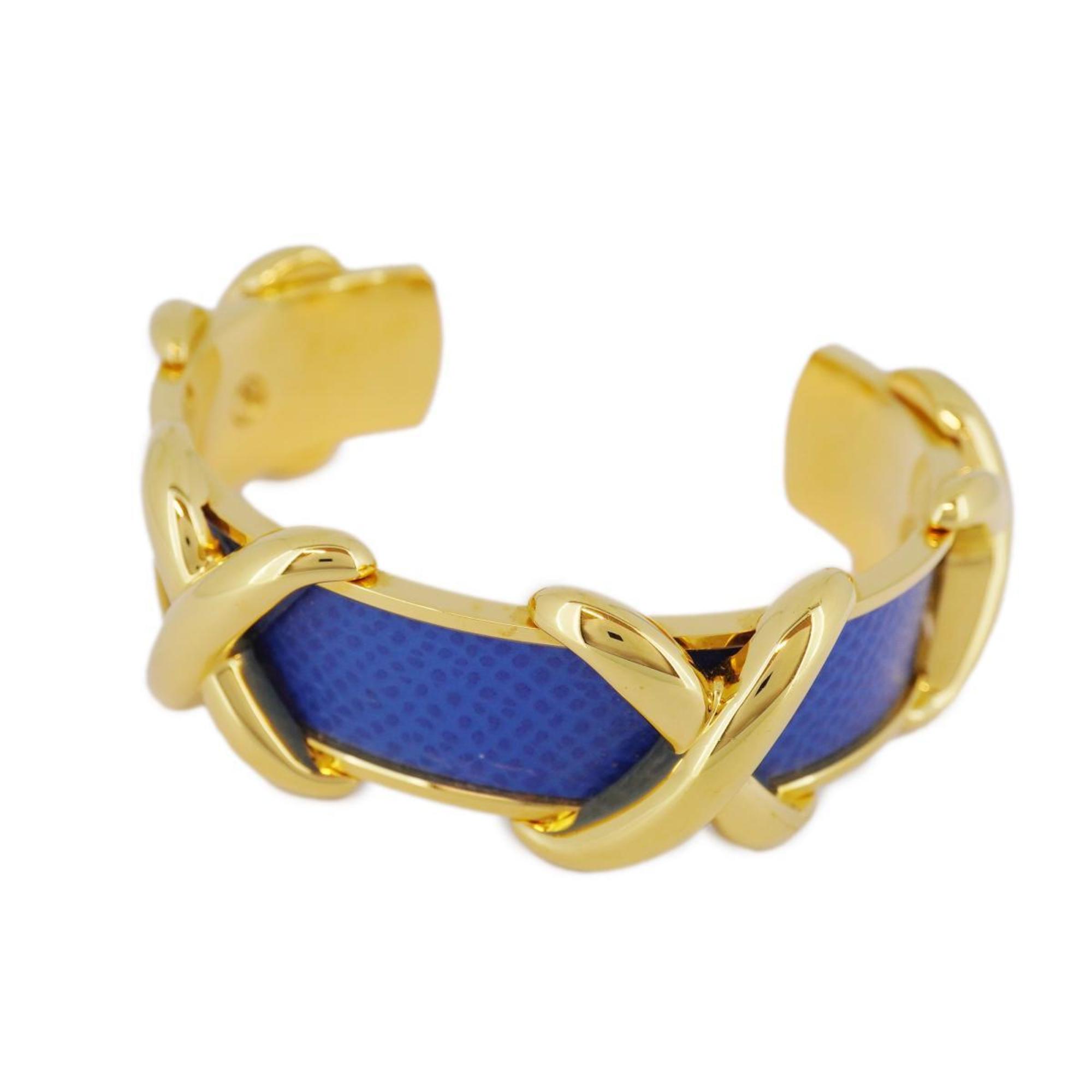 Hermes Bangle Cross Motif GP Plated Leather Gold Blue Men's Women's