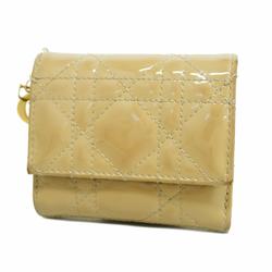 Christian Dior Tri-fold Wallet Cannage Enamel Beige Women's