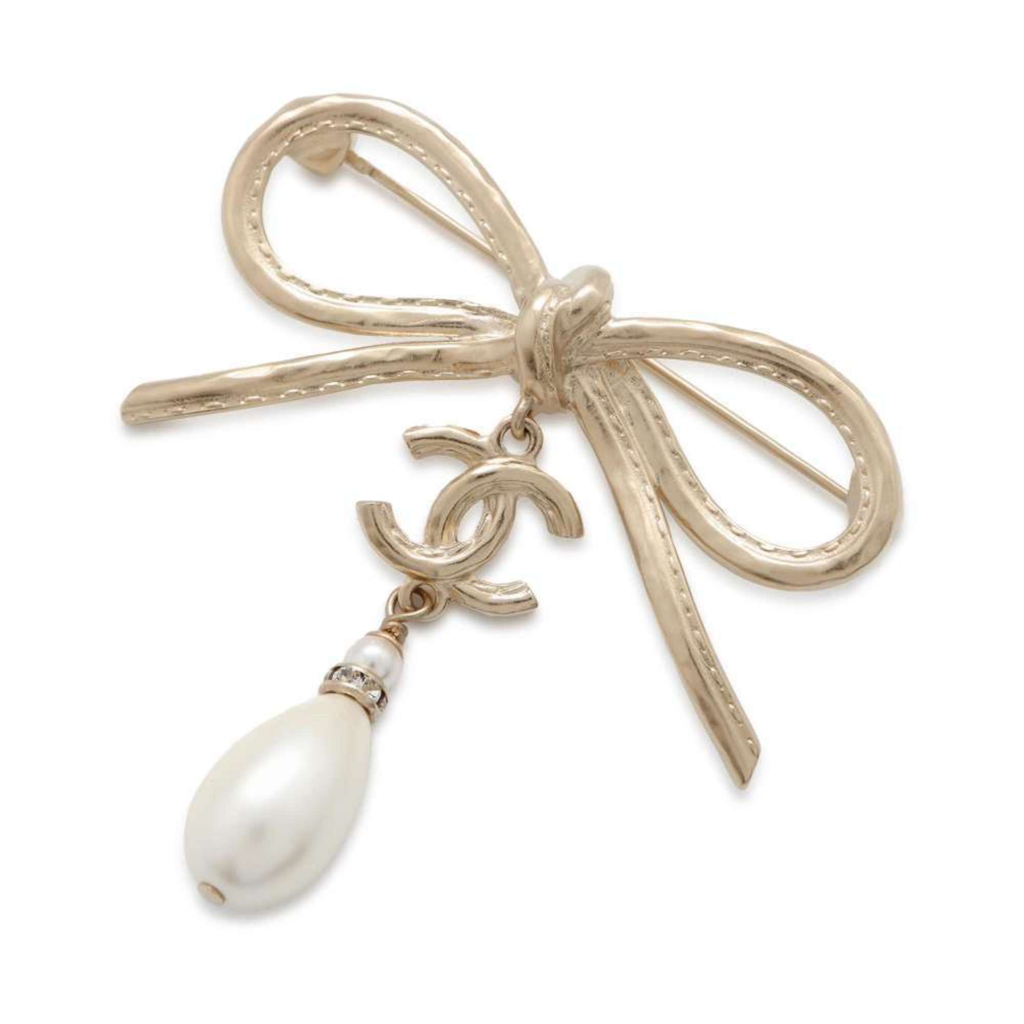 Chanel Brooch Coco Mark Ribbon Fake Pearl Rhinestone A22S AB8392 CHANEL