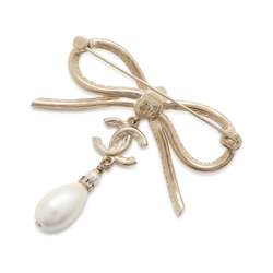 Chanel Brooch Coco Mark Ribbon Fake Pearl Rhinestone A22S AB8392 CHANEL