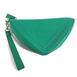 PRADA 2NE054 Embossed Triangle Plate Pouch Clutch Bag with Strap Saffiano Leather Men's Green