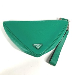 PRADA 2NE054 Embossed Triangle Plate Pouch Clutch Bag with Strap Saffiano Leather Men's Green