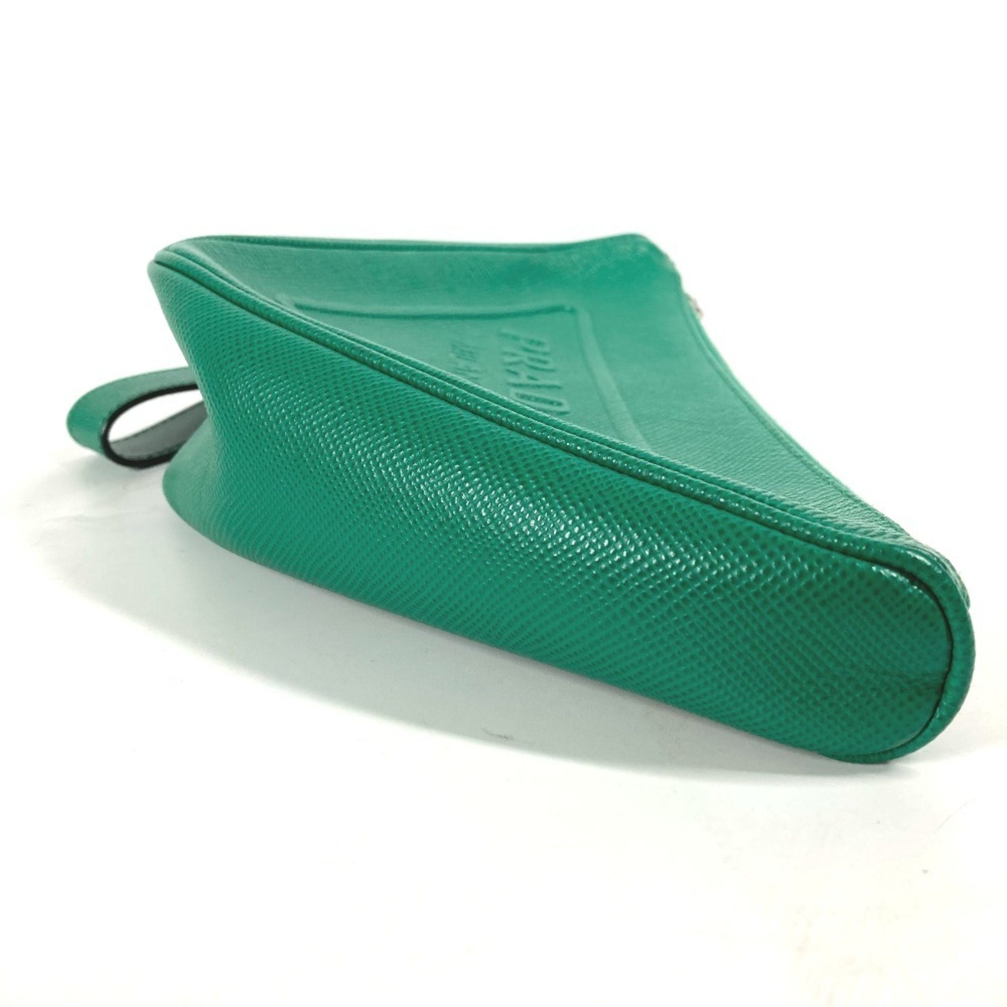 PRADA 2NE054 Embossed Triangle Plate Pouch Clutch Bag with Strap Saffiano Leather Men's Green