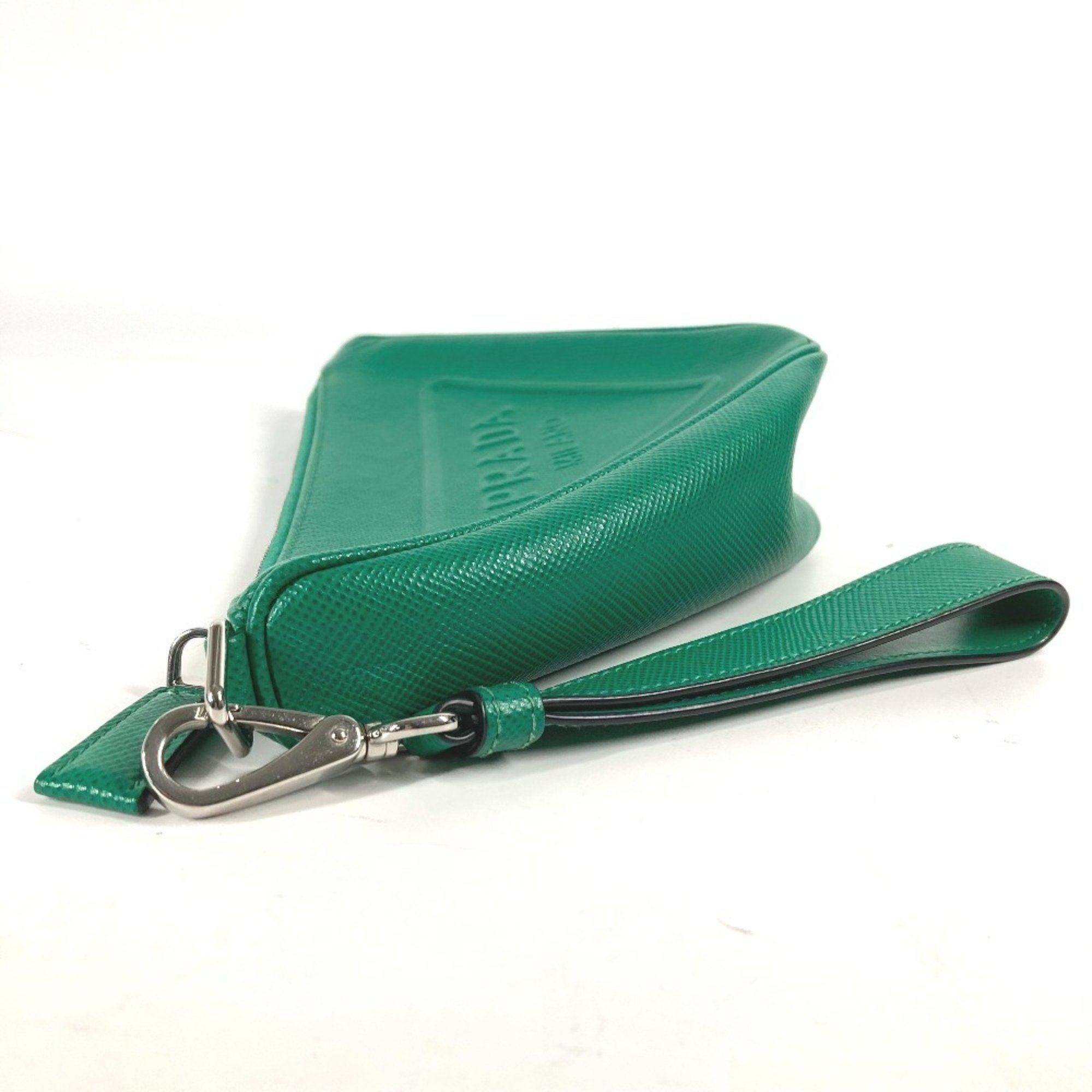 PRADA 2NE054 Embossed Triangle Plate Pouch Clutch Bag with Strap Saffiano Leather Men's Green